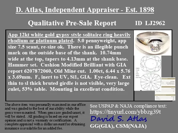 1.00ct Old Mine Cut Diamond Dome Ring, GIA F SI1, French