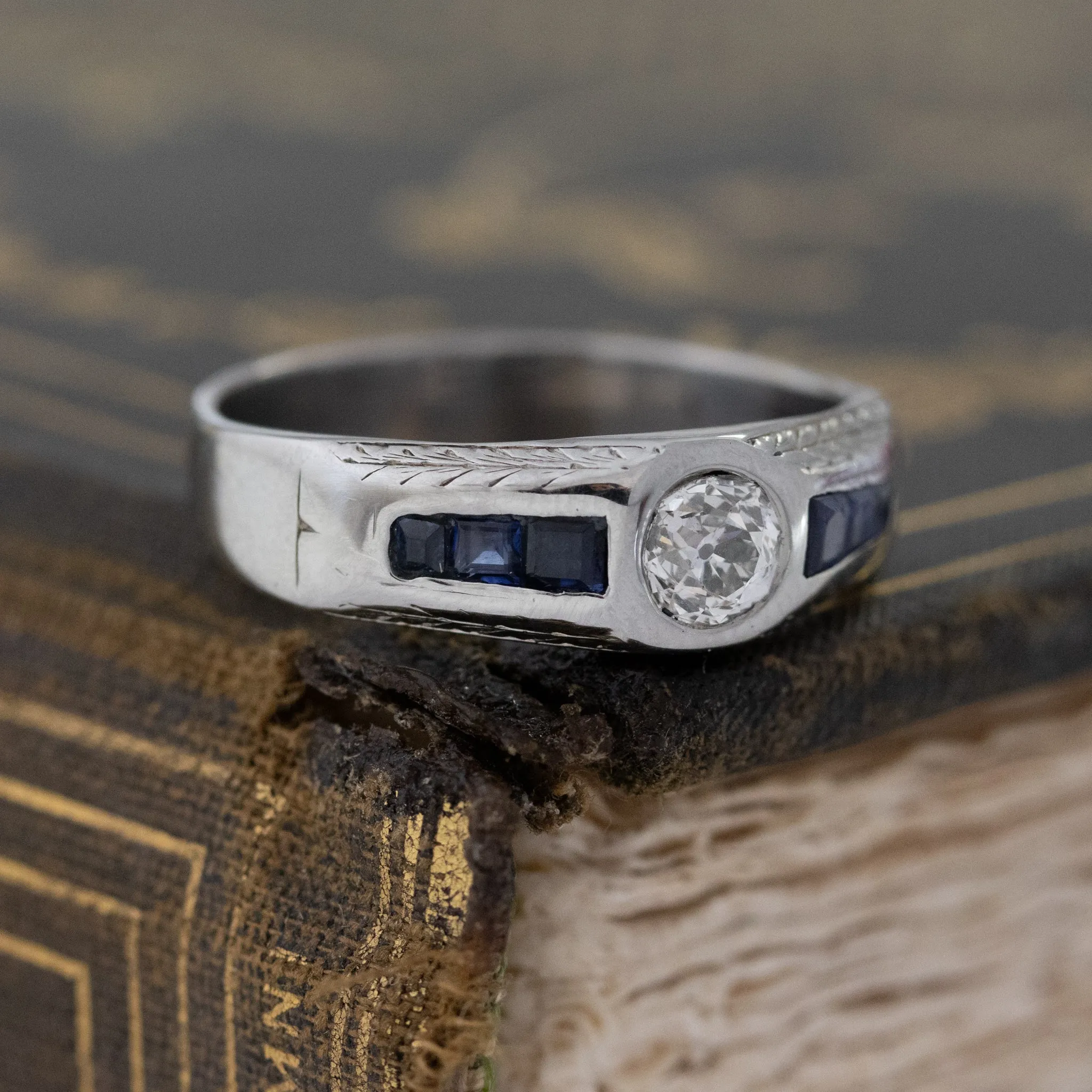 1.05ctw Antique Old Mine Cut & Sapphire Diamond Band