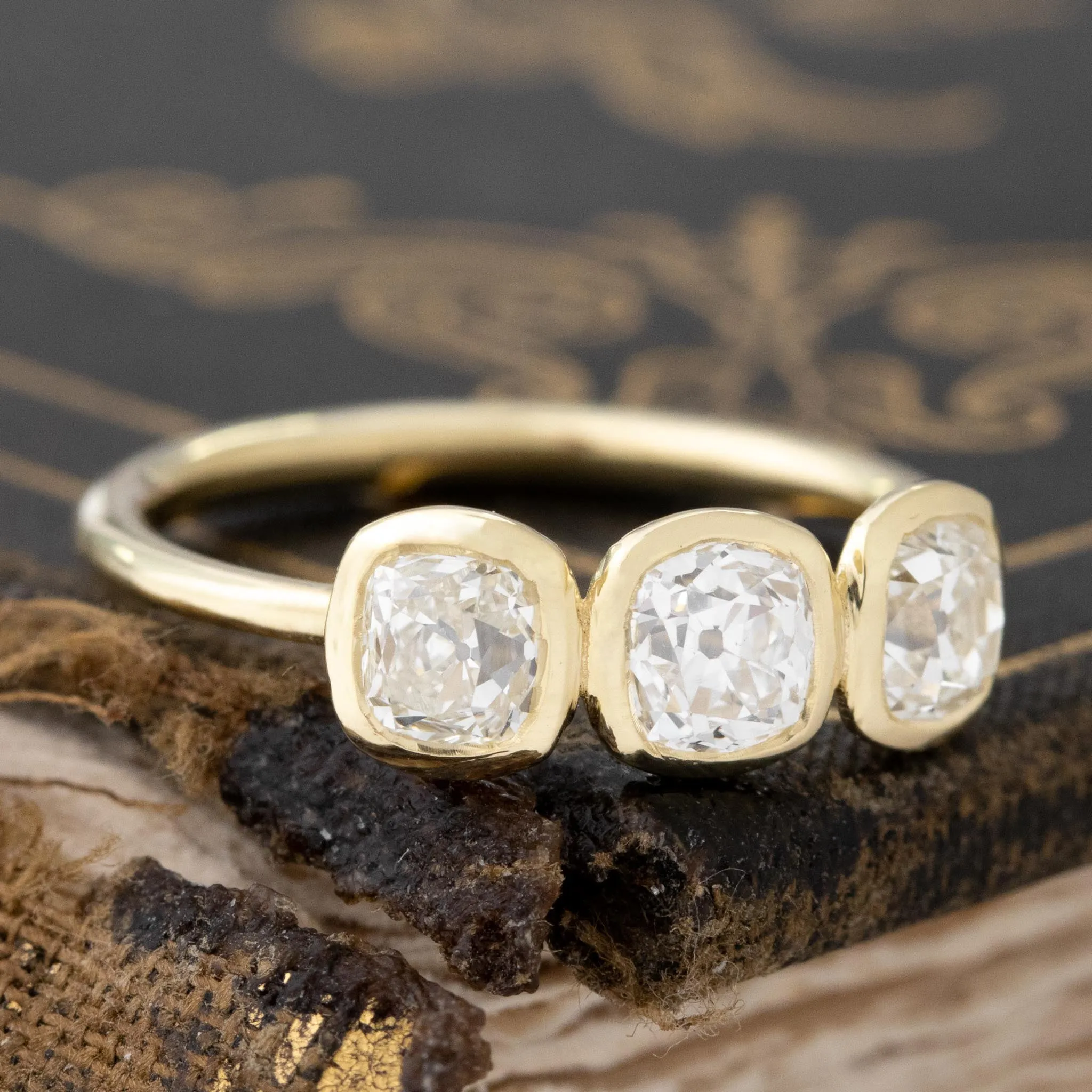 1.09ctw Old Mine Cut Diamond Bezel Trilogy Ring