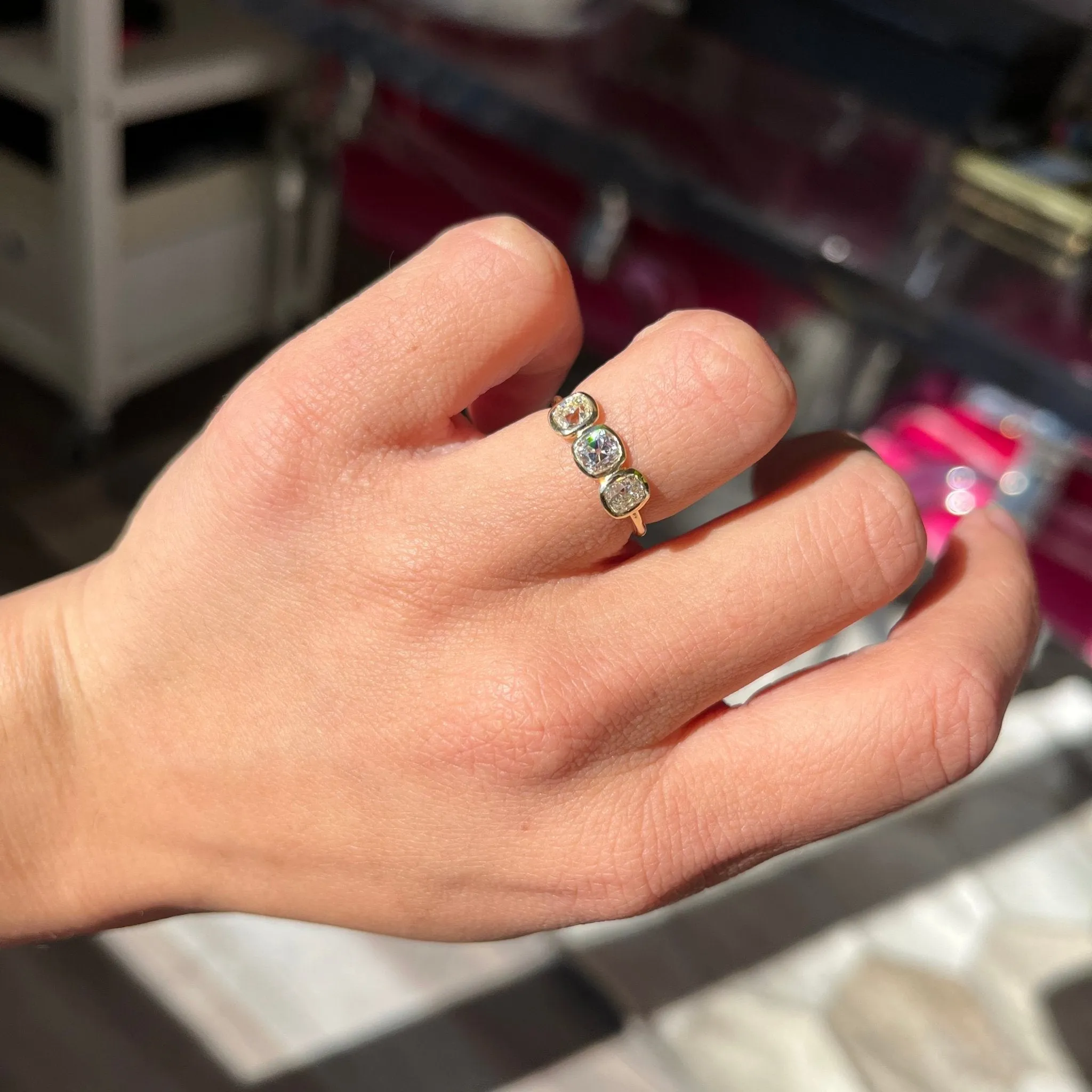 1.09ctw Old Mine Cut Diamond Bezel Trilogy Ring