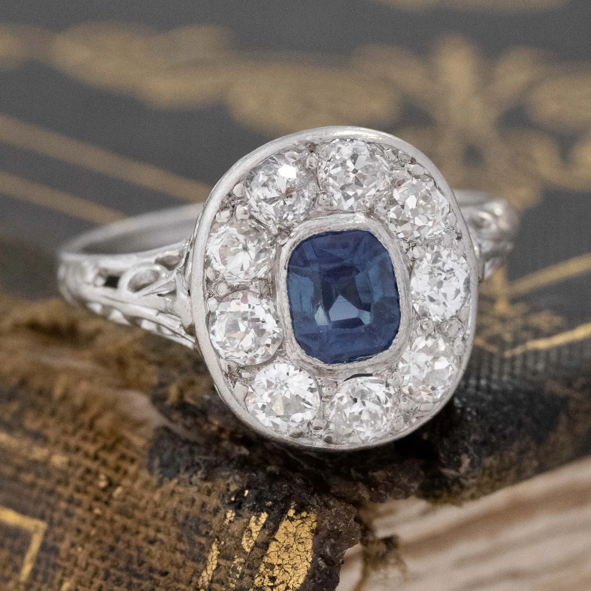 1.30ctw Sapphire & Old European Cut Diamond Cluster Ring