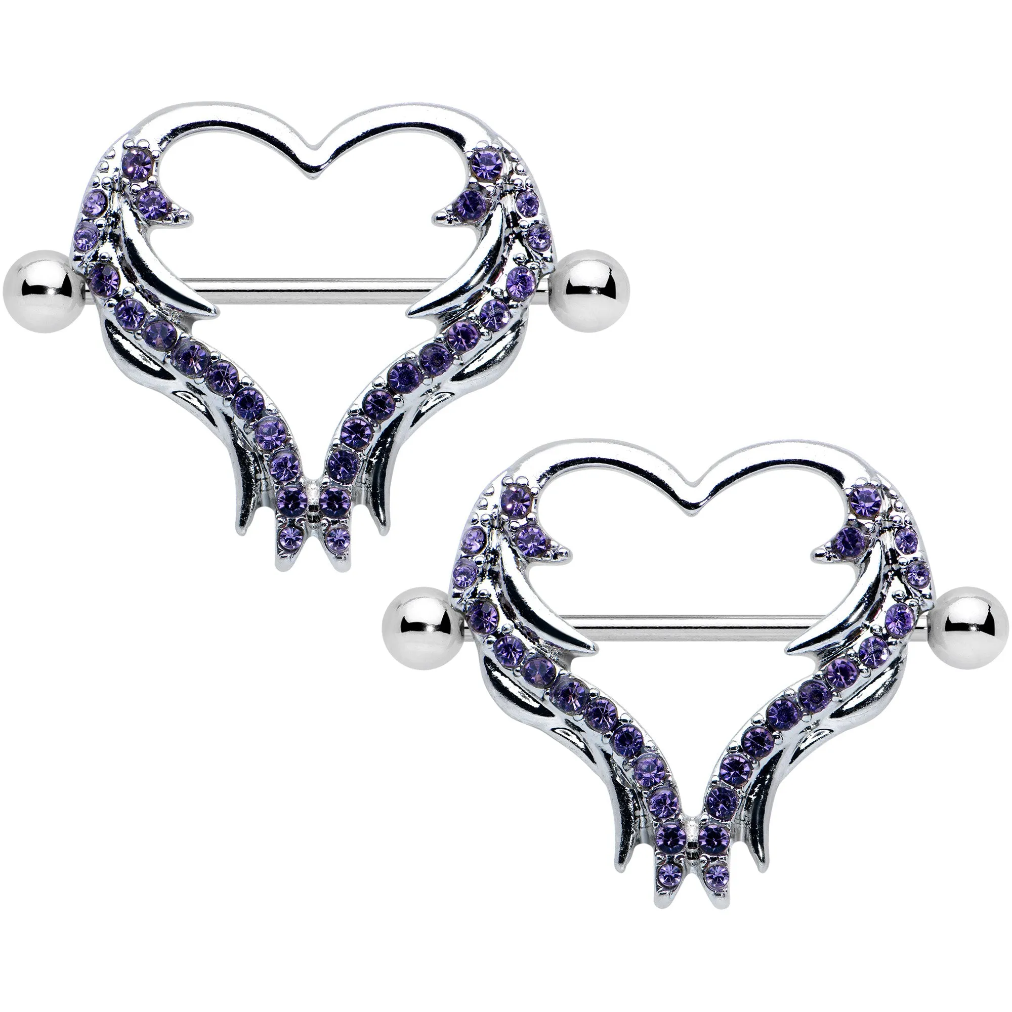14 Gauge 3/4 Dark Purple Gem Rock and Roll Heart Nipple Shield Set