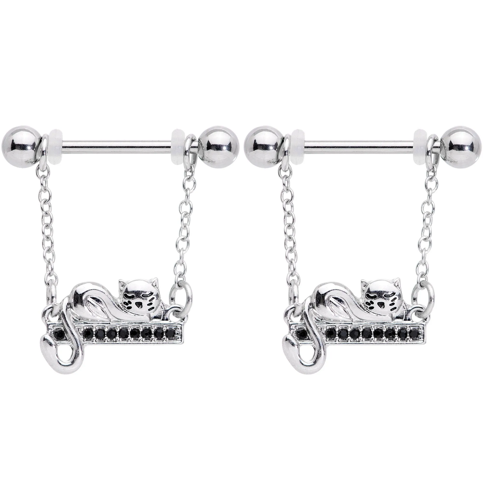 14 Gauge 5/8 Black Gem Nap Cat Dangle Nipple Ring Set