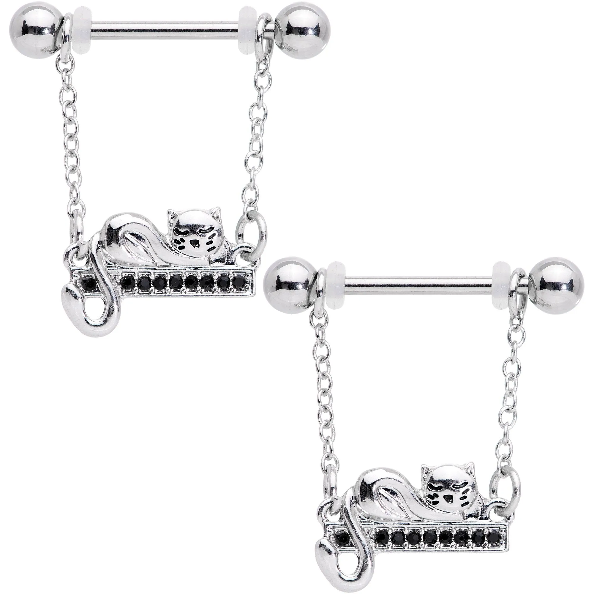 14 Gauge 5/8 Black Gem Nap Cat Dangle Nipple Ring Set