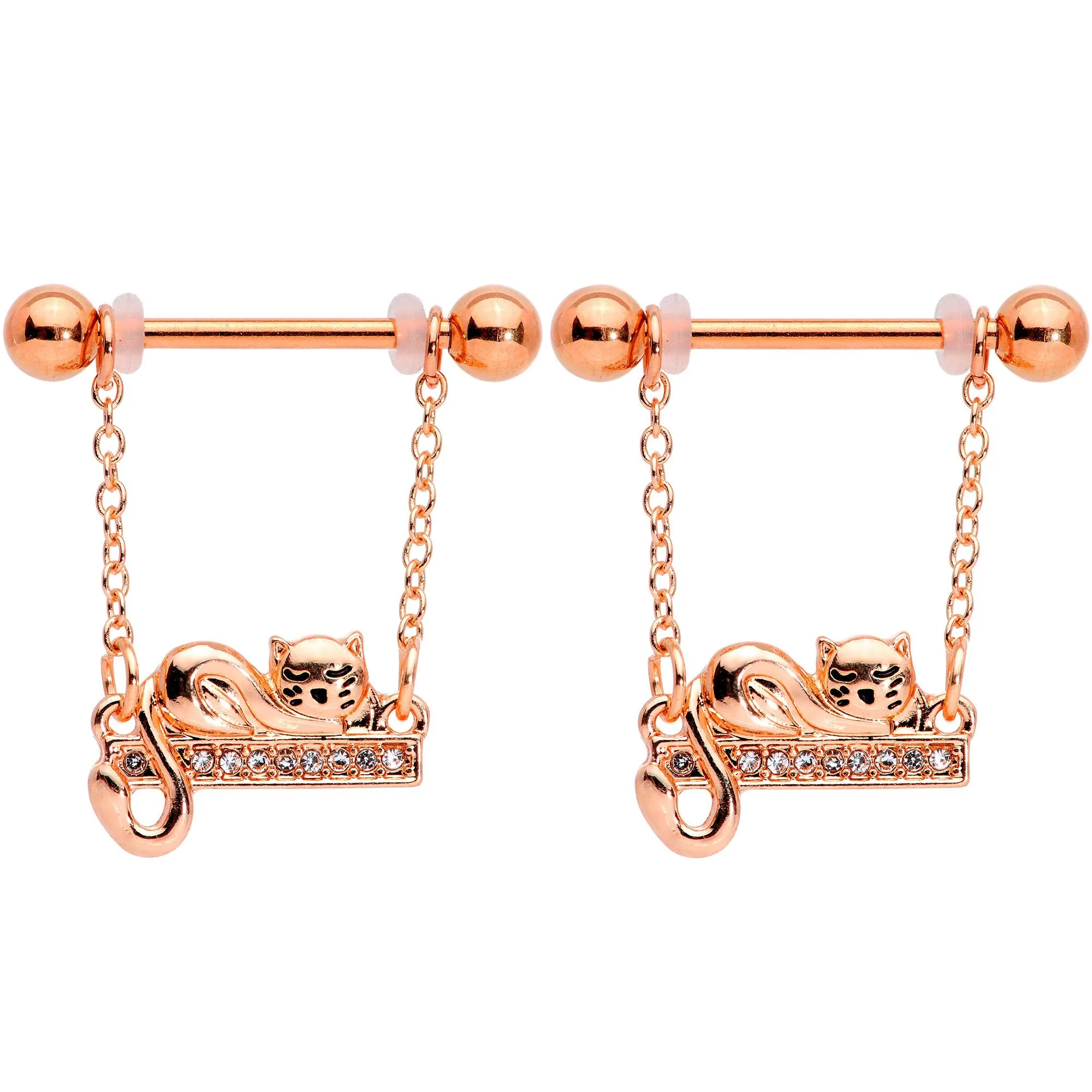 14 Gauge 5/8 Clear Gem Rose Gold Tone Nap Cat Dangle Nipple Ring Set