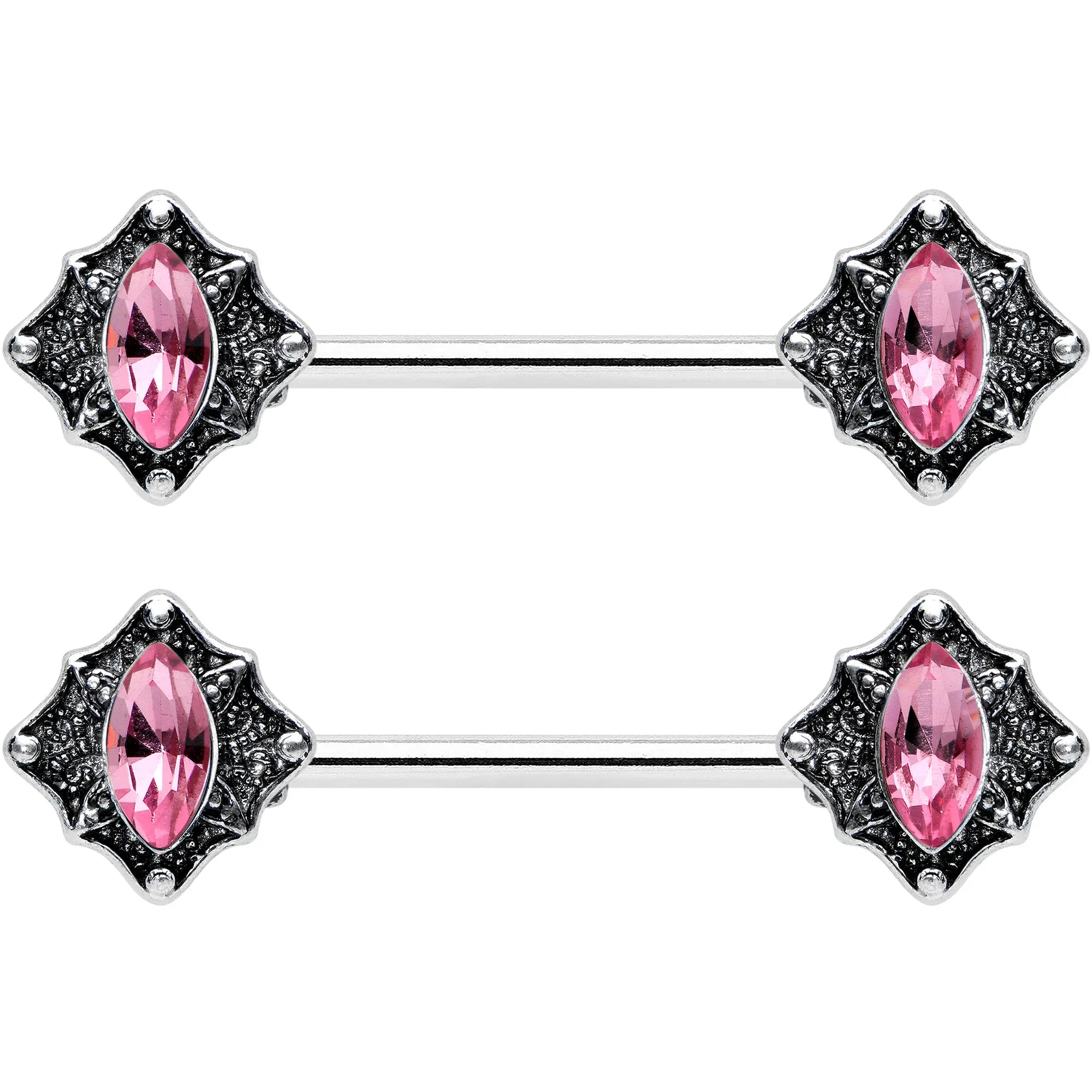 14 Gauge 9/16 Pink Gem Rhombus Retro Barbell Nipple Ring Set