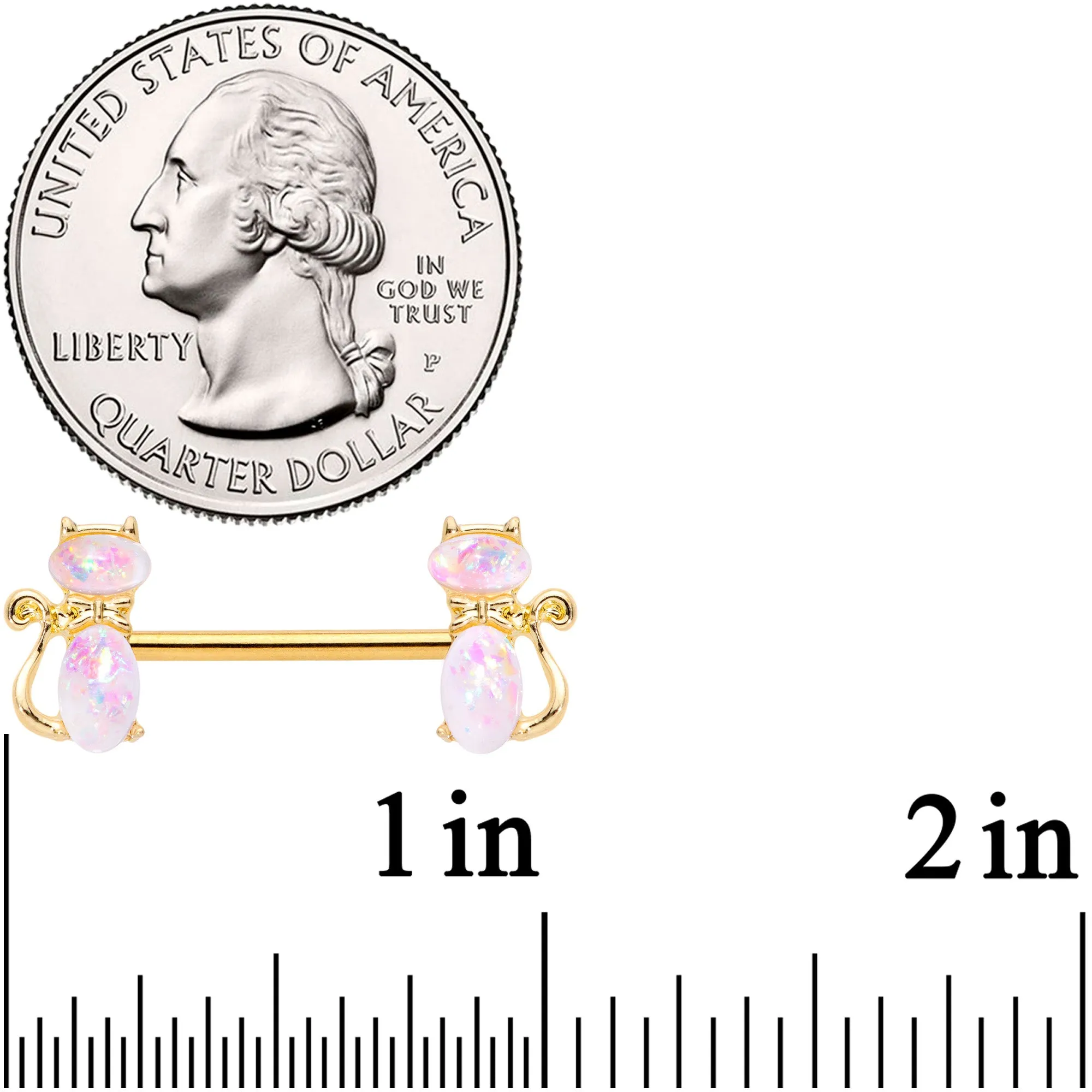 14 Gauge 9/16 White Faux Opal Gold Tone Cat Barbell Nipple Ring Set