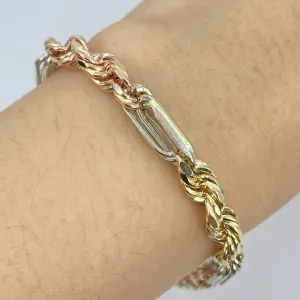 14K 5.5MM Tri-Color Figaro Rope Link Bracelet 8"