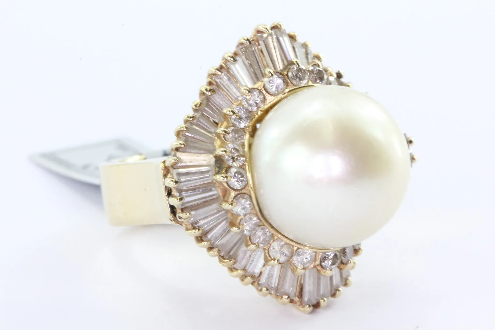 14K Gold Chunky 14mm Round Cream Rose Pearl Diamond Halo Ring