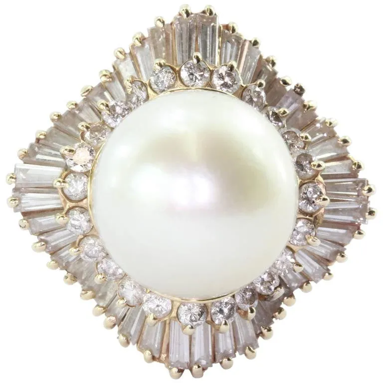 14K Gold Chunky 14mm Round Cream Rose Pearl Diamond Halo Ring