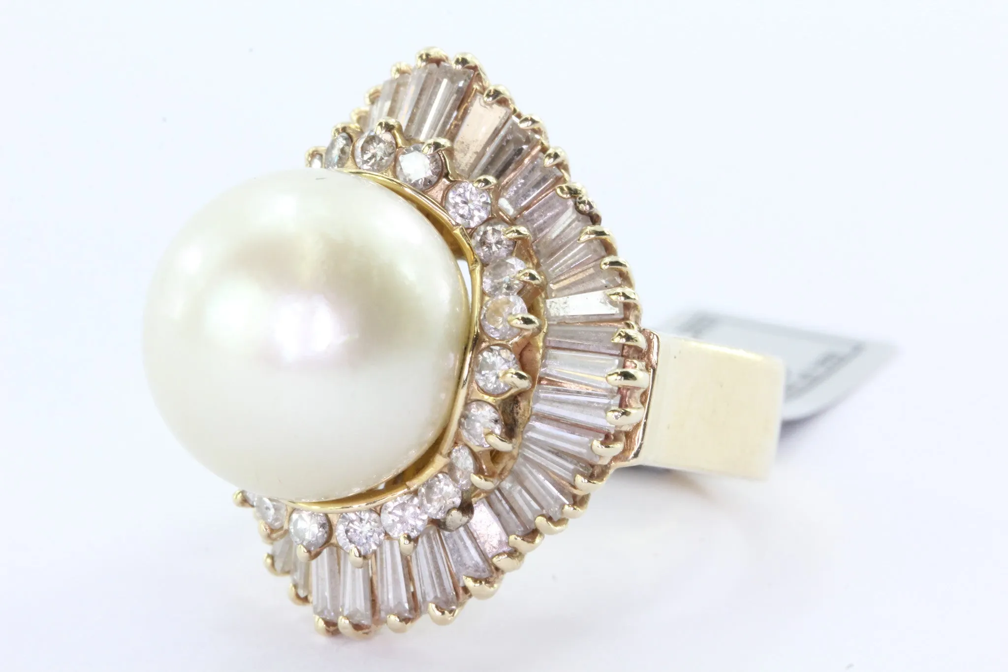 14K Gold Chunky 14mm Round Cream Rose Pearl Diamond Halo Ring