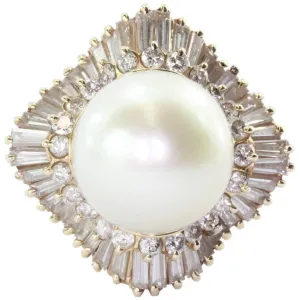 14K Gold Chunky 14mm Round Cream Rose Pearl Diamond Halo Ring