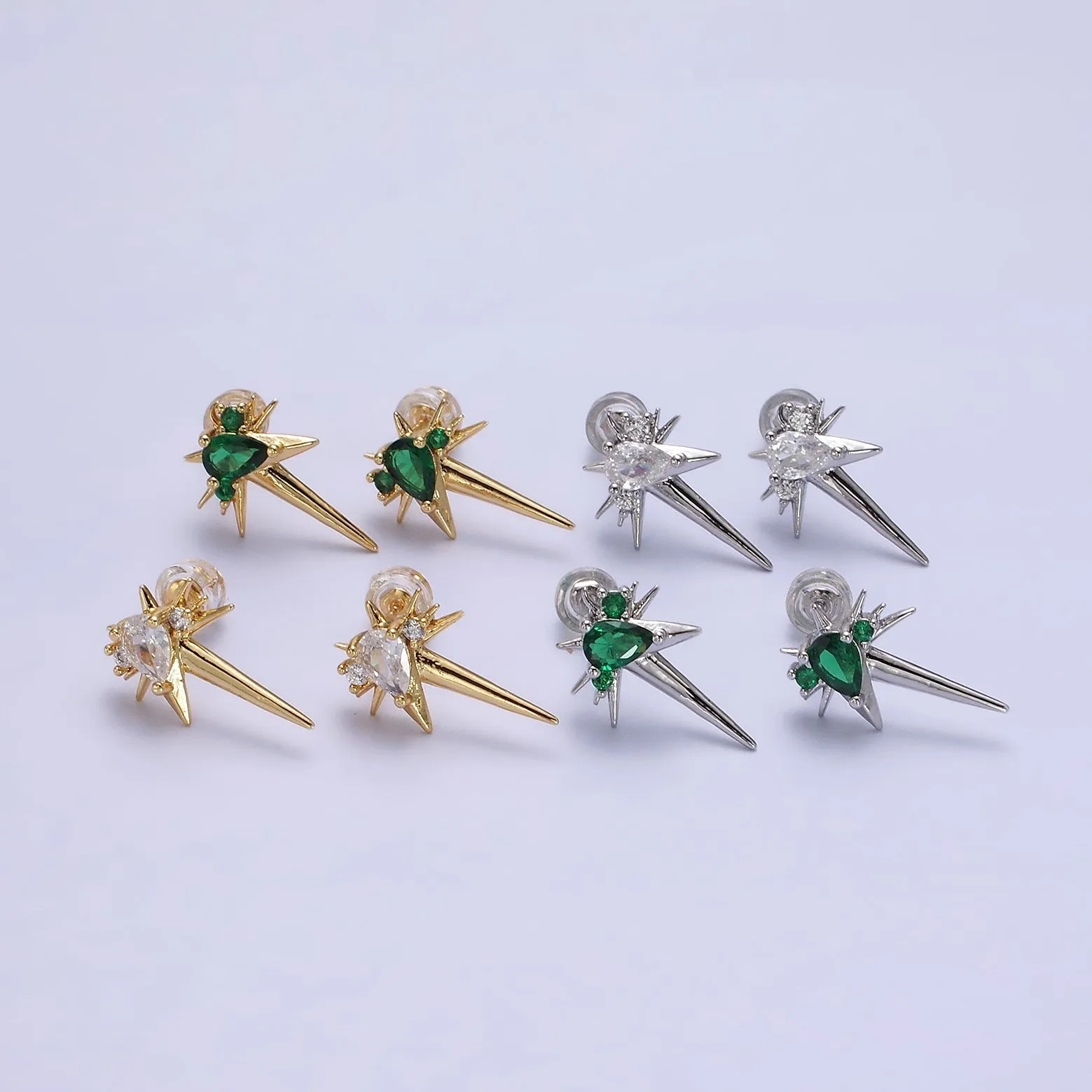 14K Gold Filled Green, Clear Teardrop CZ Spiked Celestial Star Stud Earrings in Gold & Silver | AE648 - AE651
