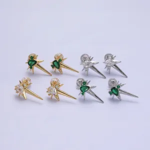 14K Gold Filled Green, Clear Teardrop CZ Spiked Celestial Star Stud Earrings in Gold & Silver | AE648 - AE651