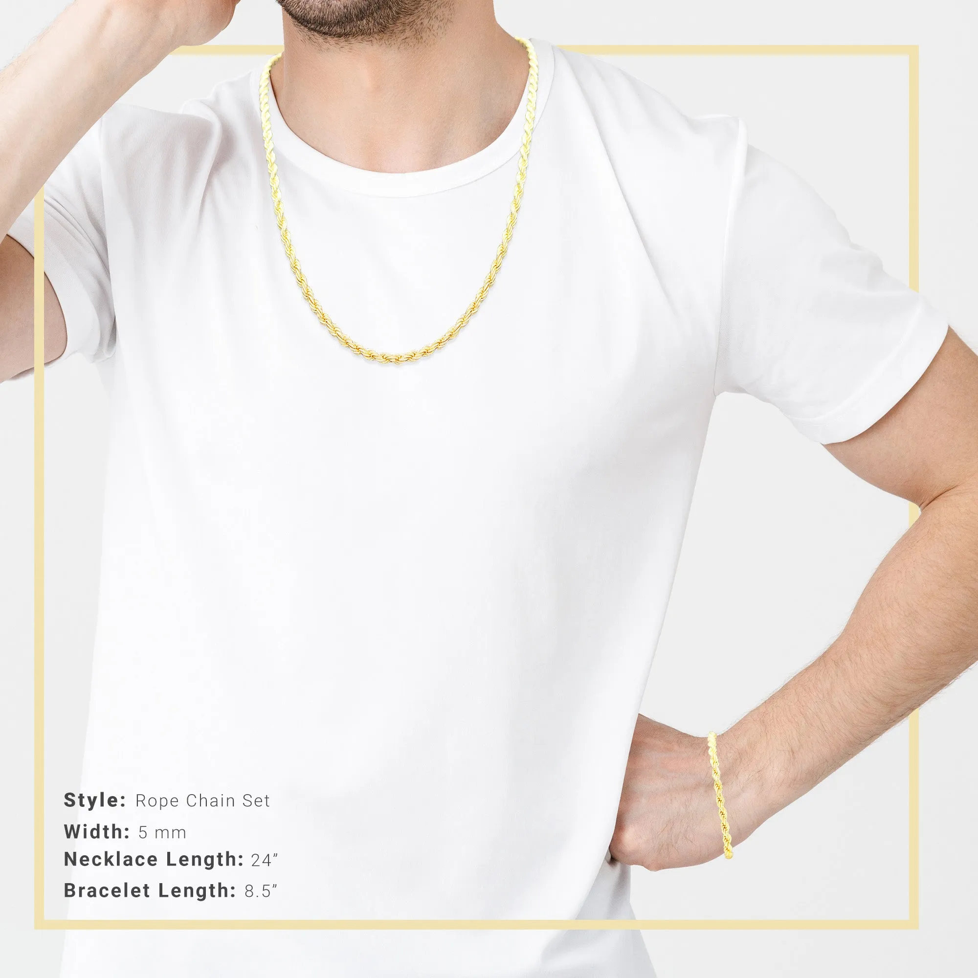 14K Gold Filled Rope Chain Necklace 24" Bracelet 8.5" Set for Men 5 - 6 mm