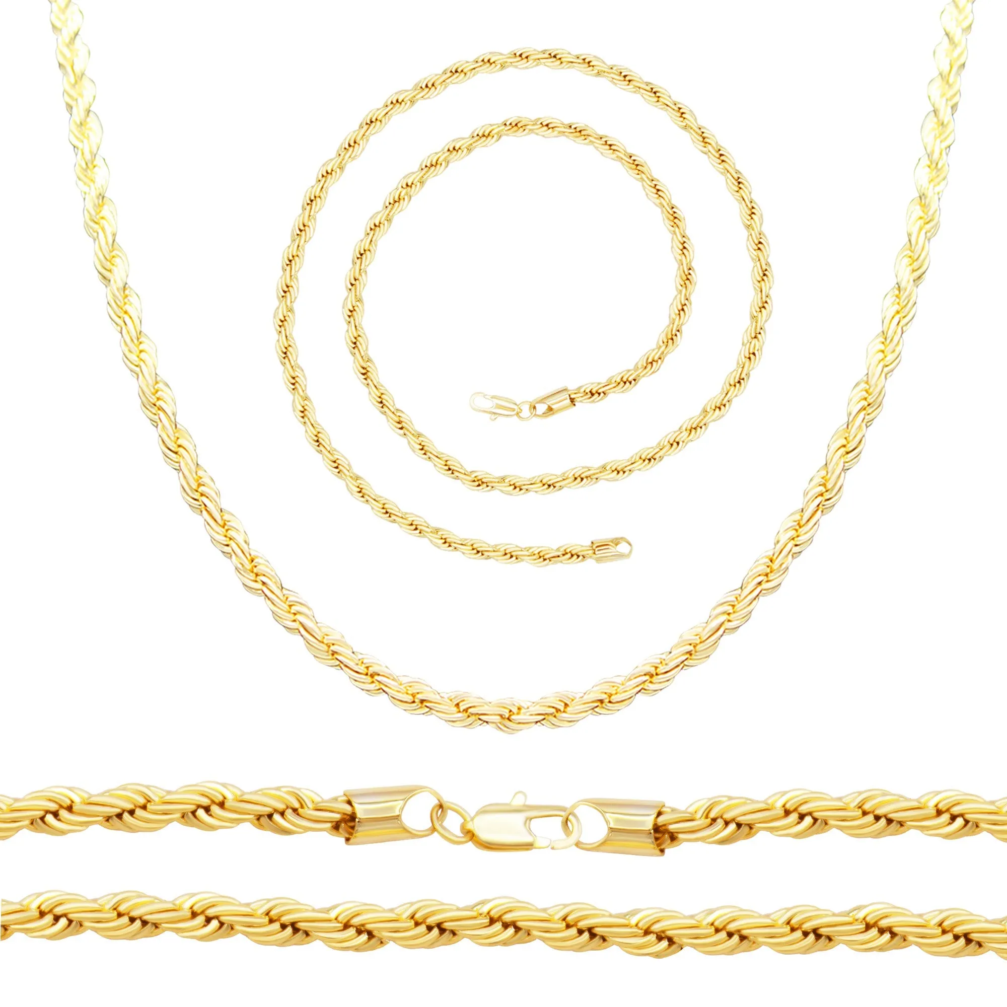 14K Gold Filled Rope Chain Necklace 24" Bracelet 8.5" Set for Men 5 - 6 mm