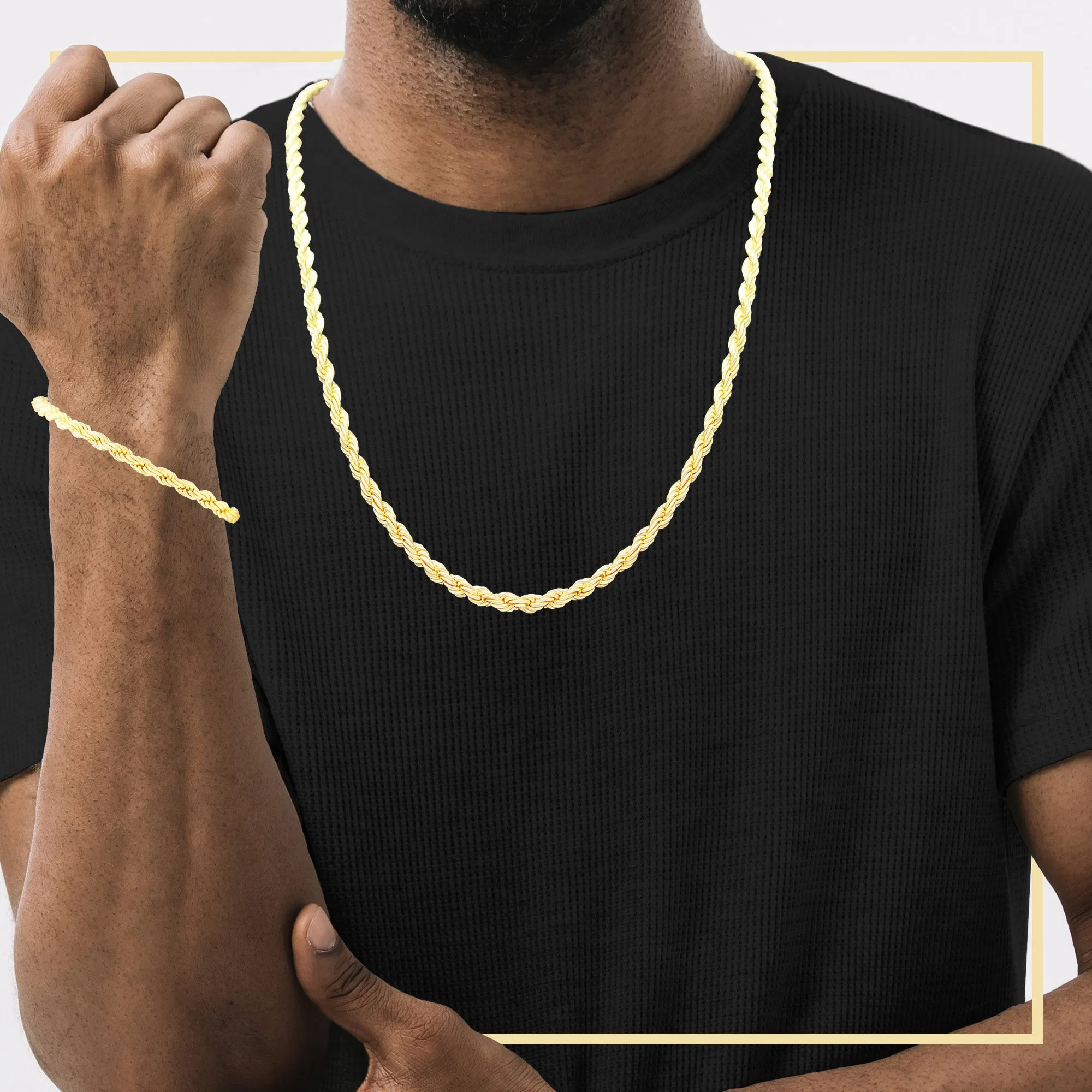 14K Gold Filled Rope Chain Necklace 24" Bracelet 8.5" Set for Men 5 - 6 mm