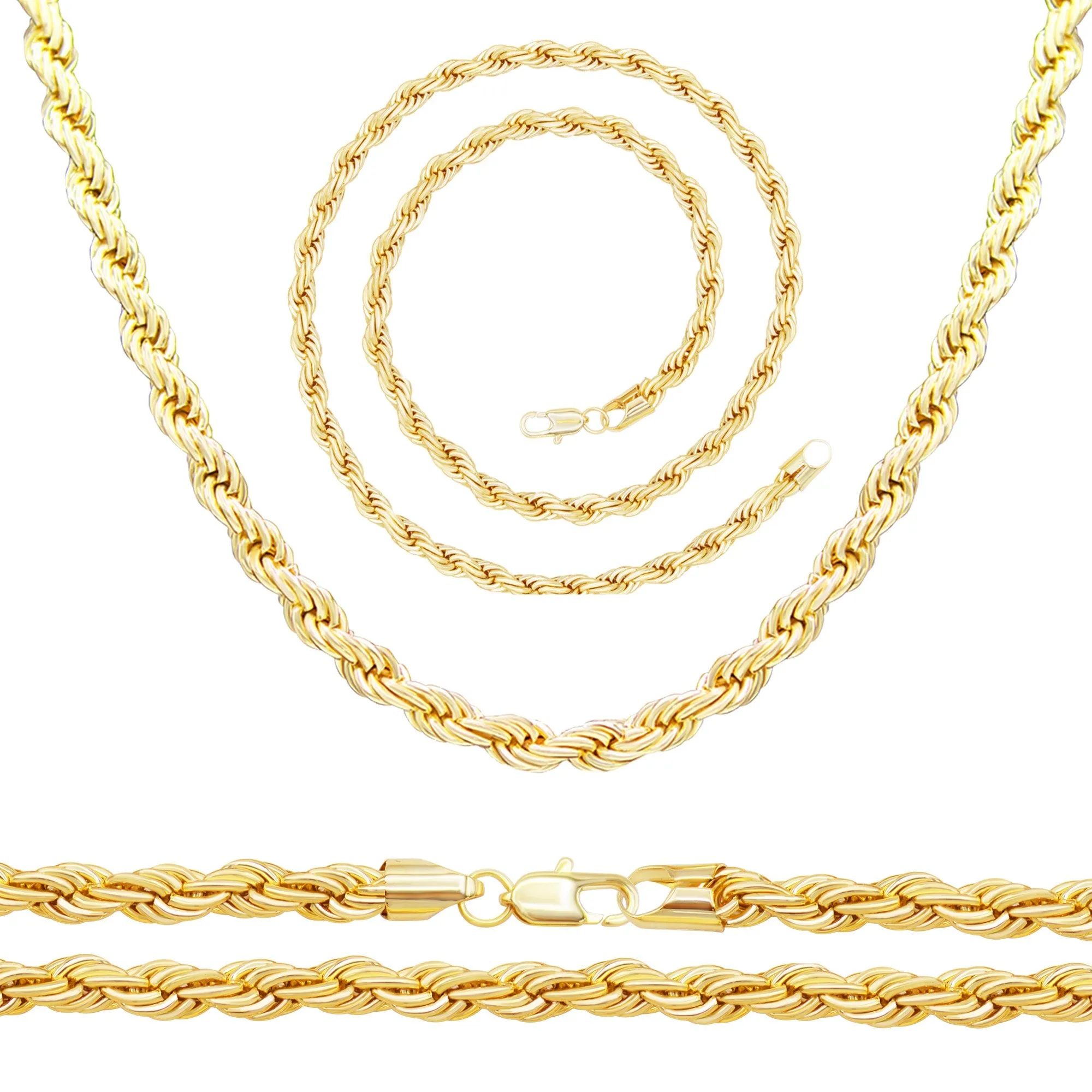 14K Gold Filled Rope Chain Necklace 24" Bracelet 8.5" Set for Men 5 - 6 mm
