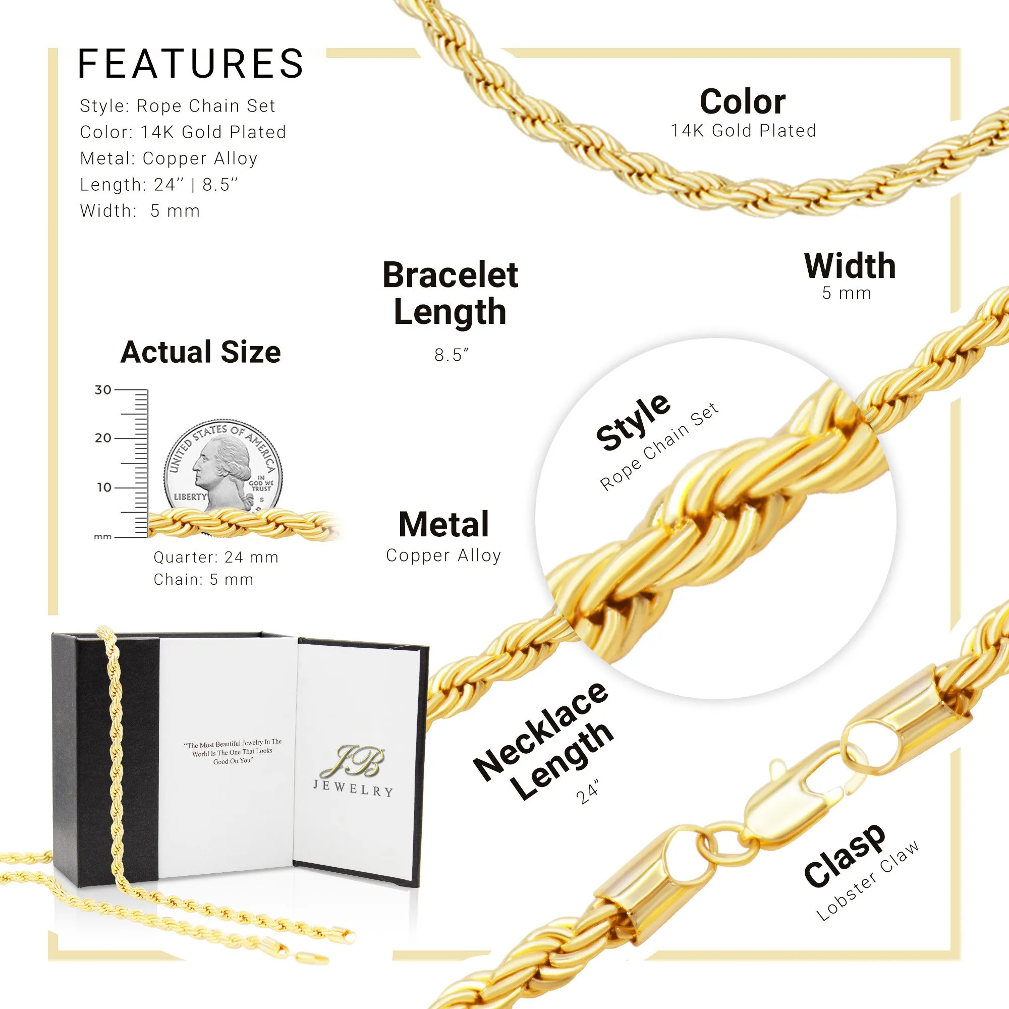 14K Gold Filled Rope Chain Necklace 24" Bracelet 8.5" Set for Men 5 - 6 mm