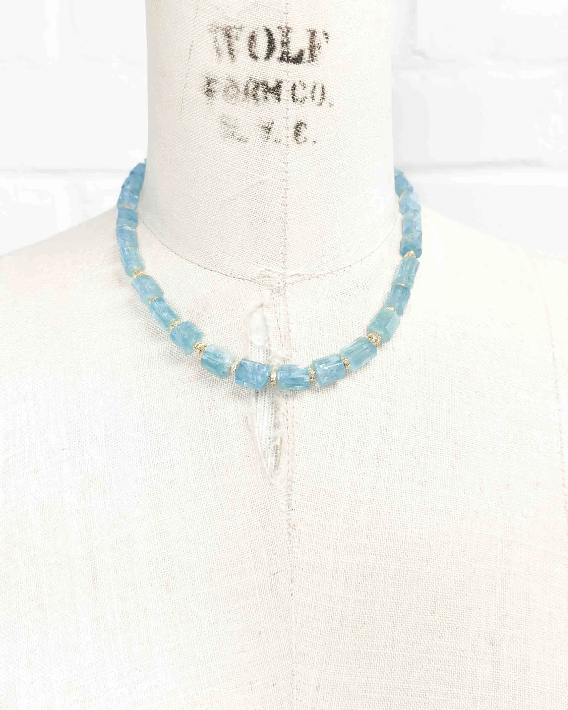 14k Gold Natural Brazilian Aquamarine Statement Necklace