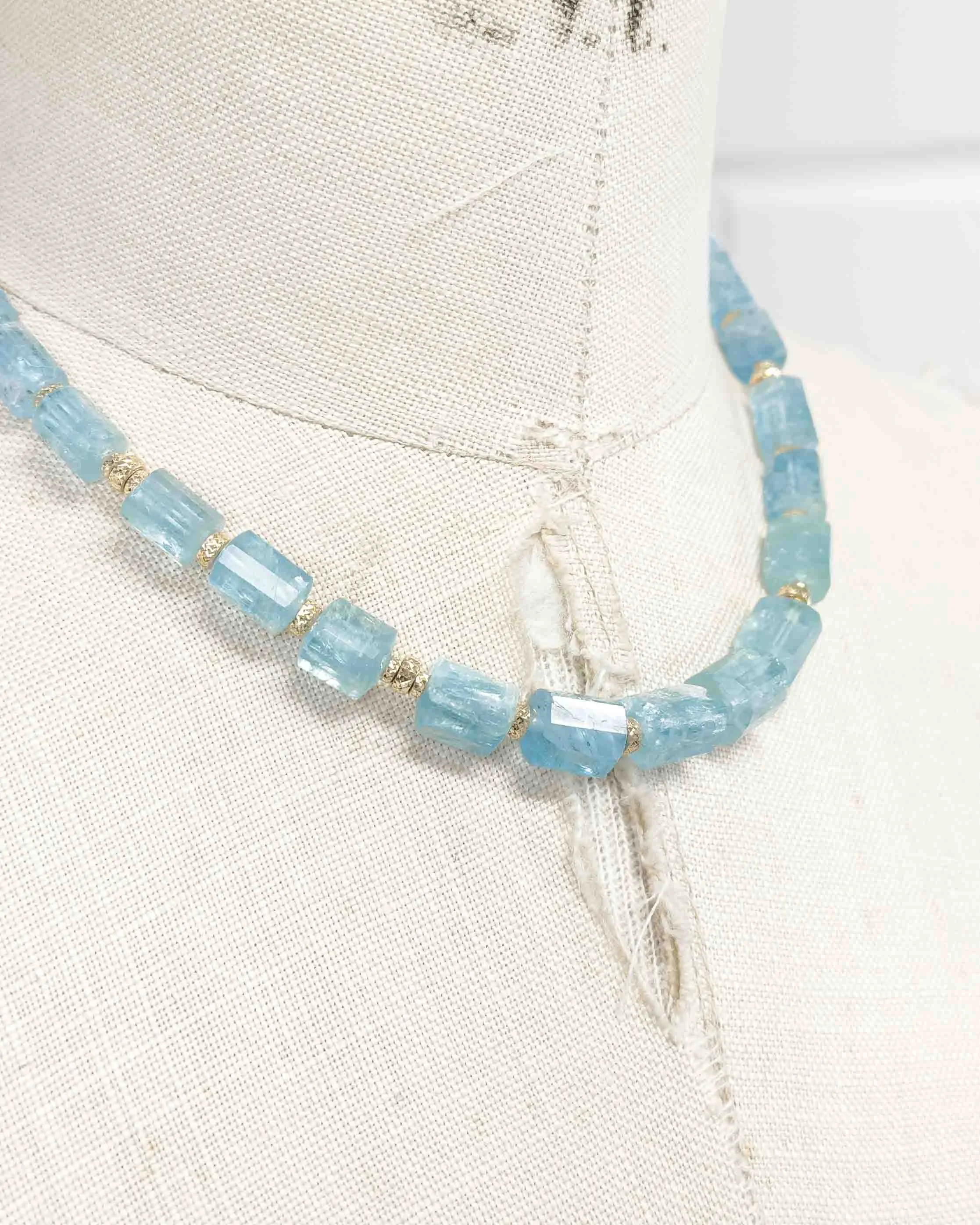 14k Gold Natural Brazilian Aquamarine Statement Necklace