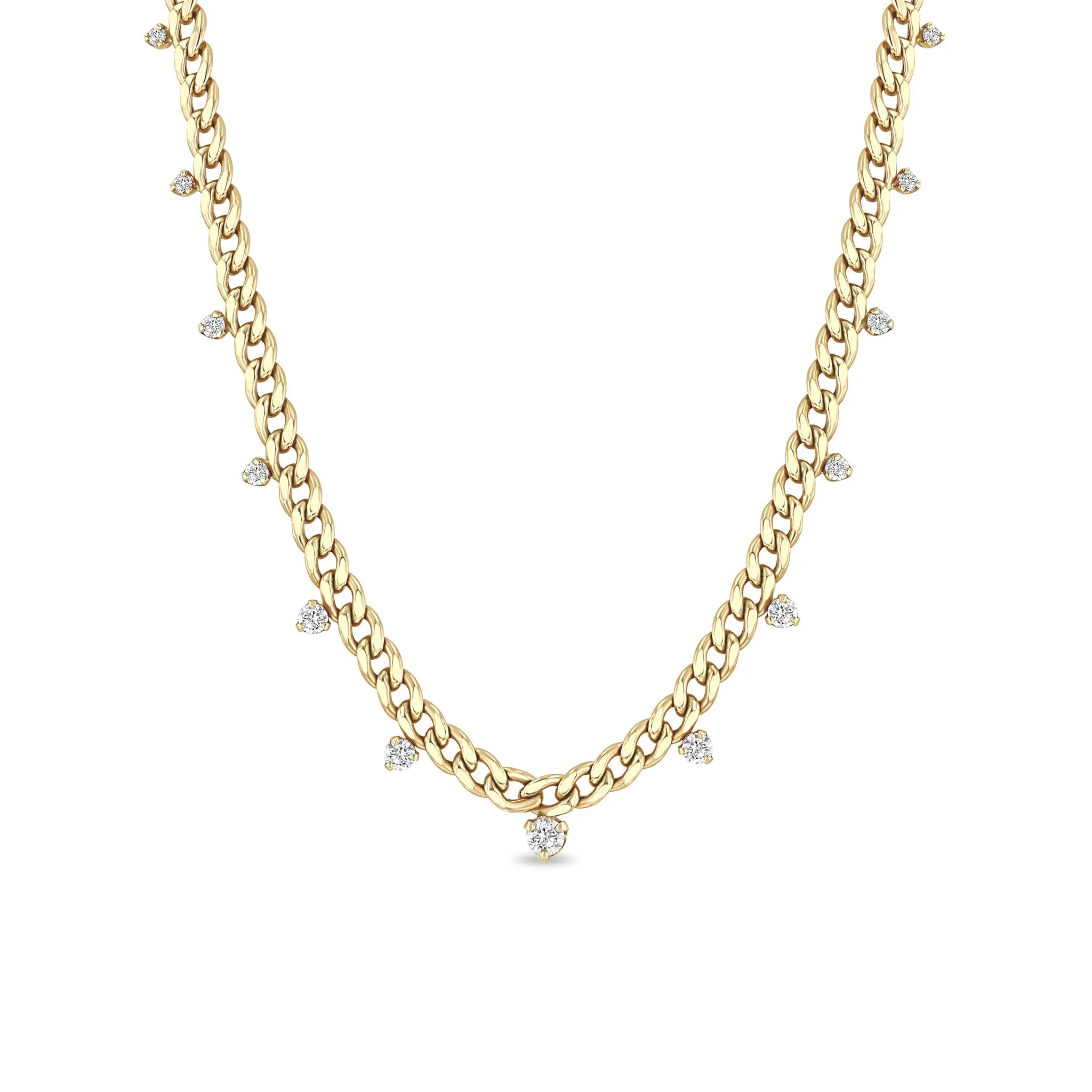 14k Graduated Prong Diamonds Medium Curb Chain Necklace