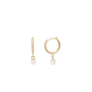 14k Medium Pavé Diamond Hinge Huggie Hoops with Dangling Pearls