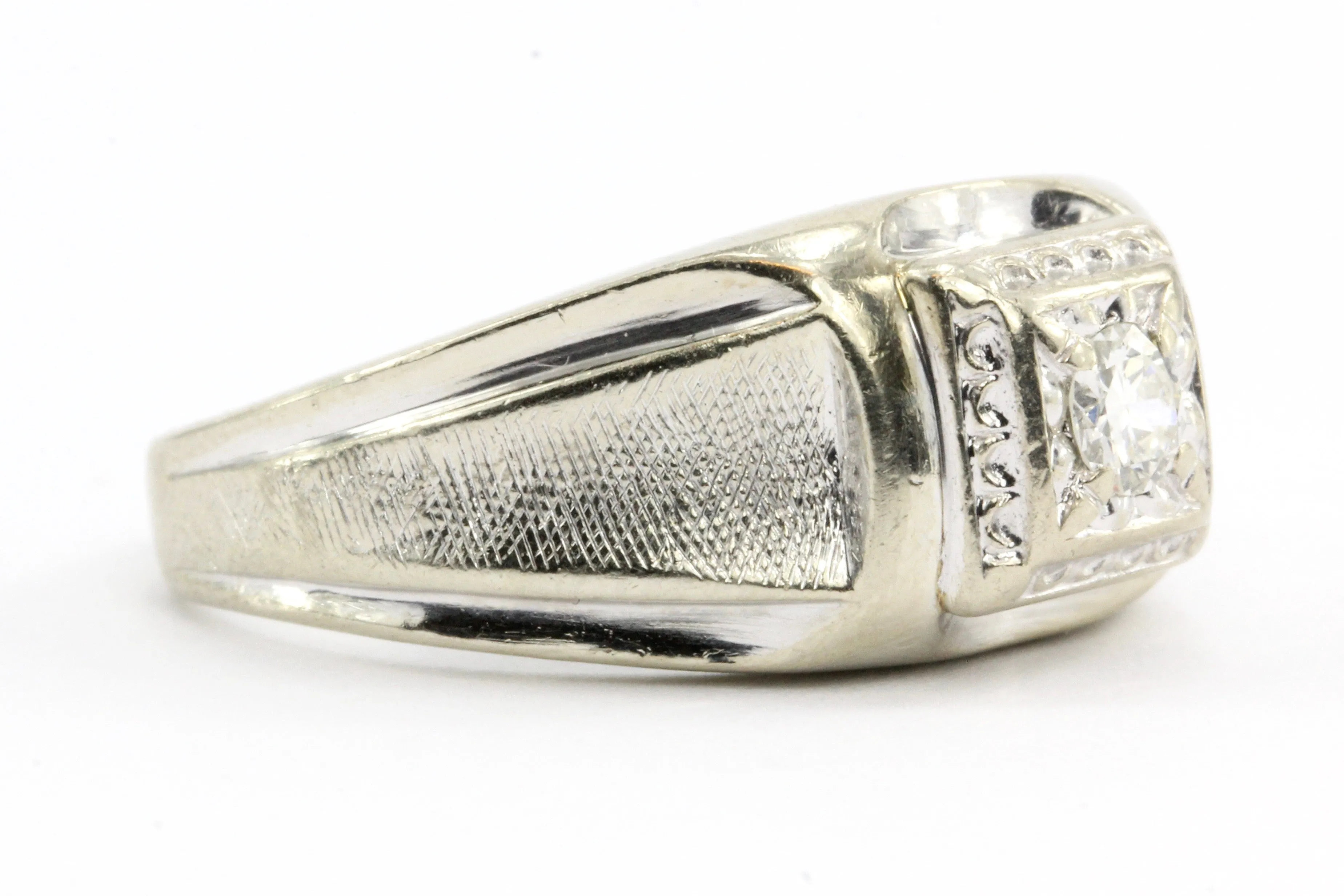 14K White Gold Retro Transition Cut Diamond Men's Ring c.1940's