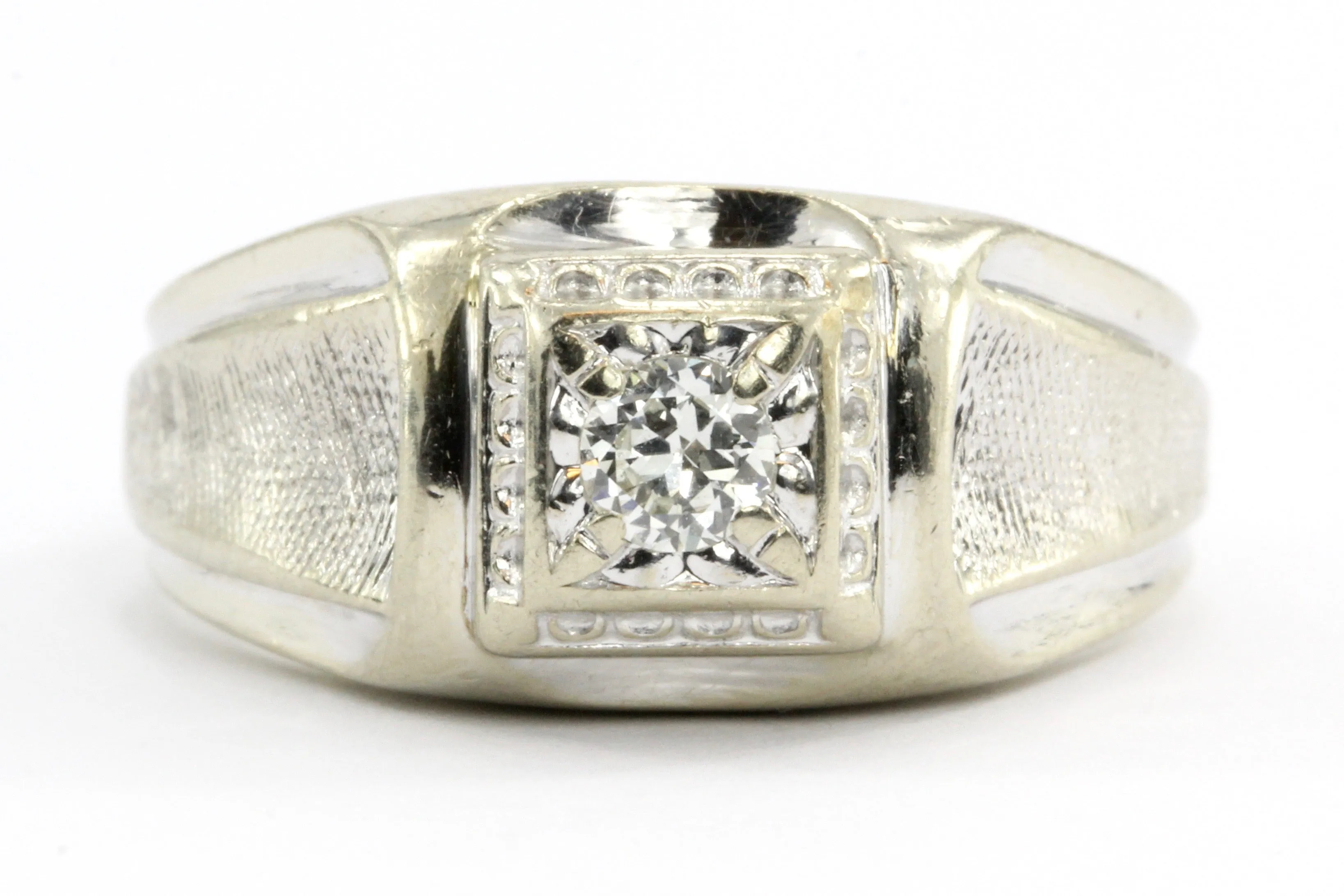 14K White Gold Retro Transition Cut Diamond Men's Ring c.1940's