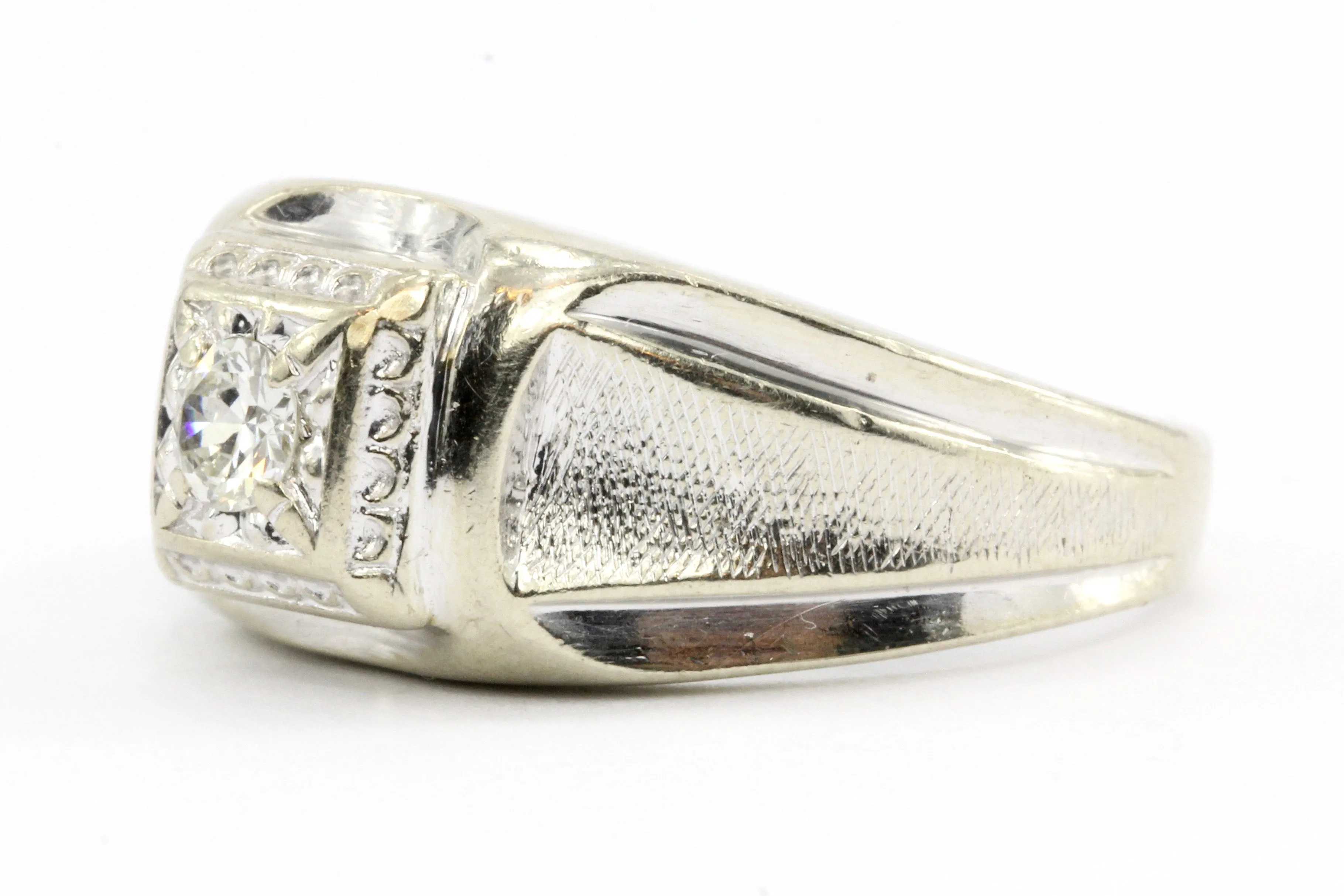14K White Gold Retro Transition Cut Diamond Men's Ring c.1940's