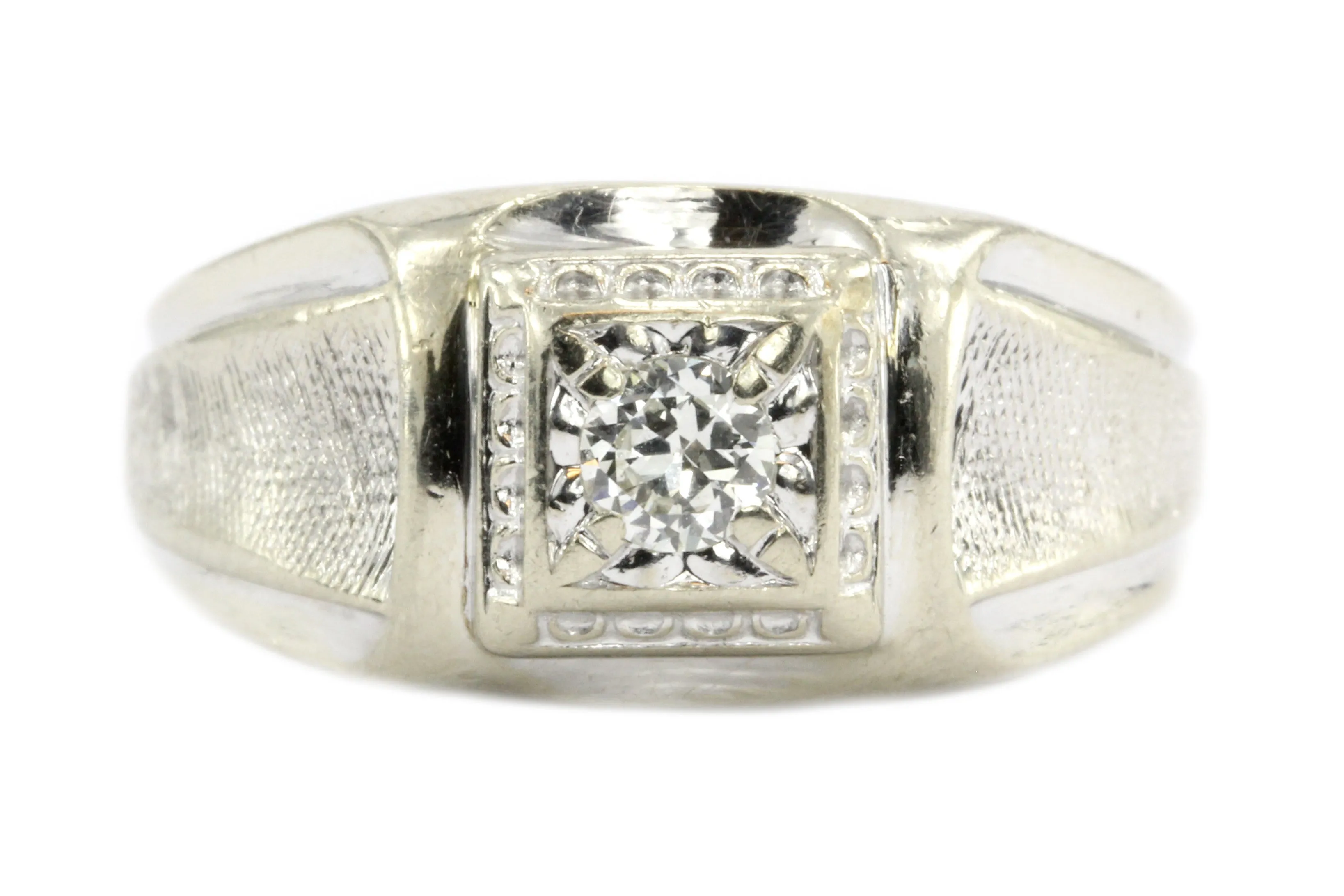14K White Gold Retro Transition Cut Diamond Men's Ring c.1940's