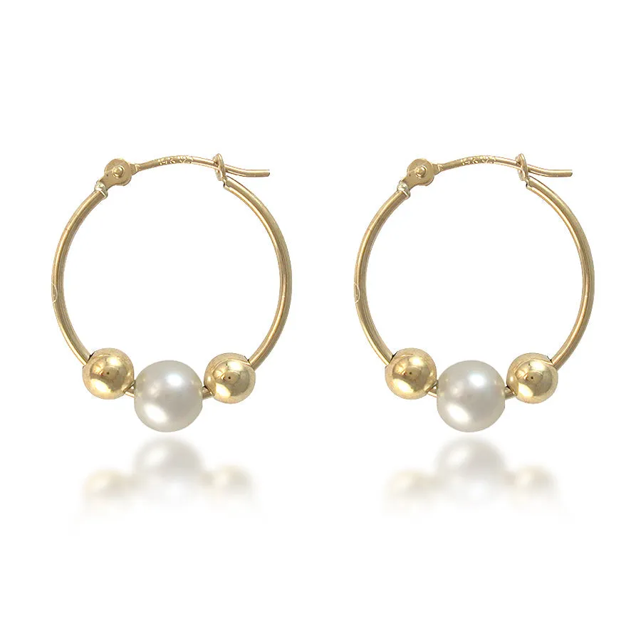 14K Yellow Gold Hoops with Gold Ball & Pearl Beads