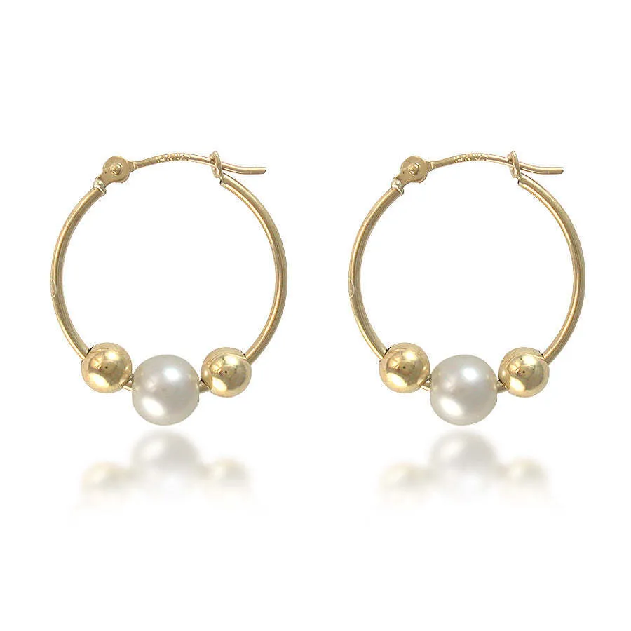 14K Yellow Gold Hoops with Gold Ball & Pearl Beads