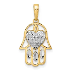 14k Yellow Gold Polished D.C Finish Concave Hamsa Heart Design Pendant