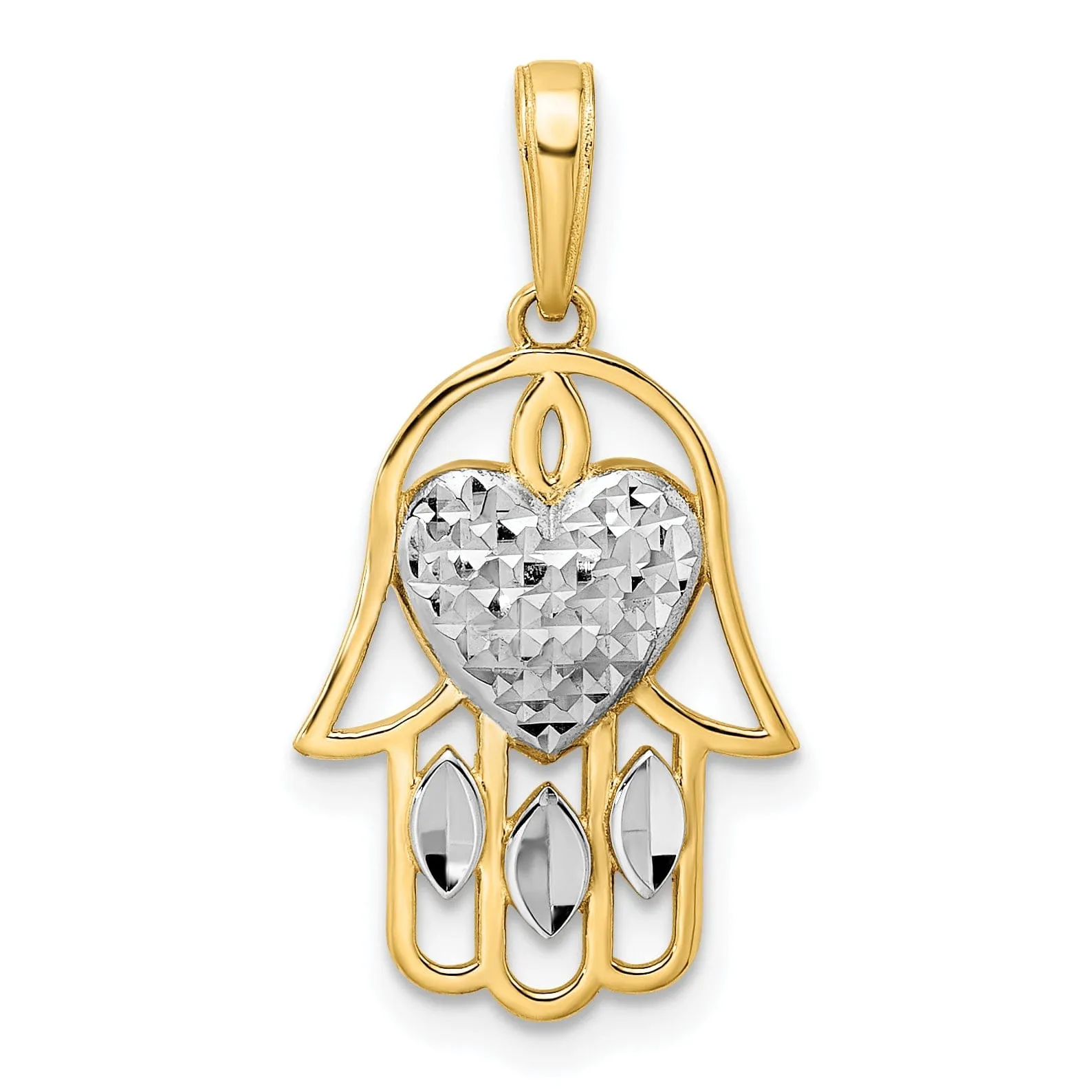 14k Yellow Gold Polished D.C Finish Concave Hamsa Heart Design Pendant