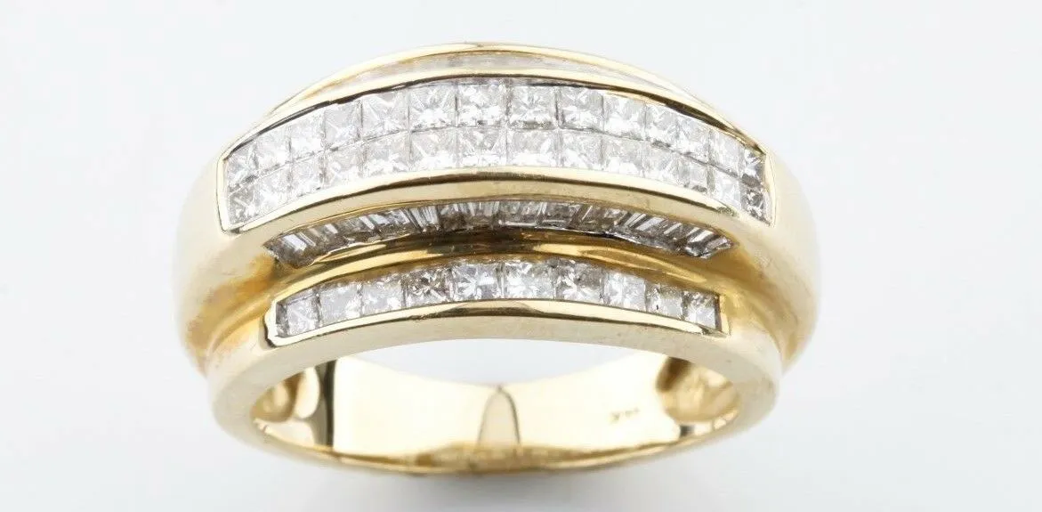 14K Yellow Gold Princess Shape Invisible Set Retro Diamond Band With Baguettes