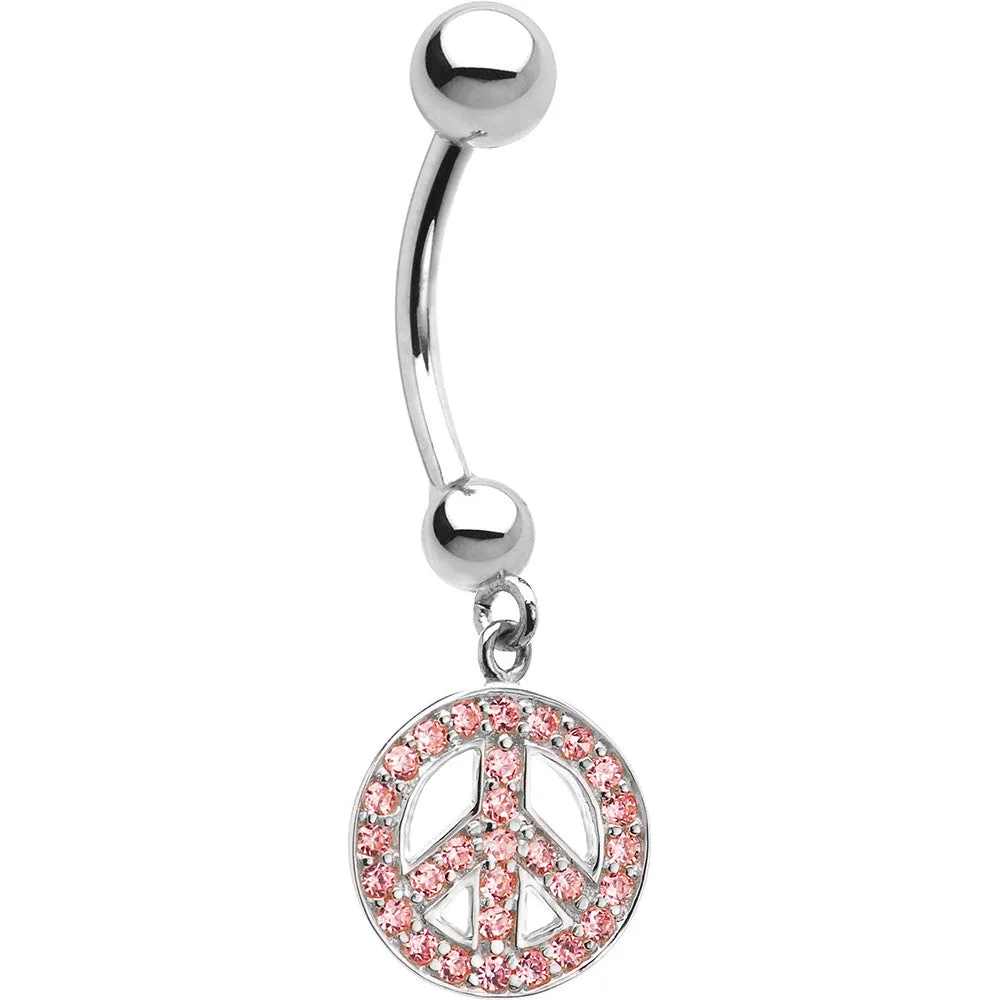 16 Gauge 14kt White Gold  Pink CZ Peace Sign Belly Ring