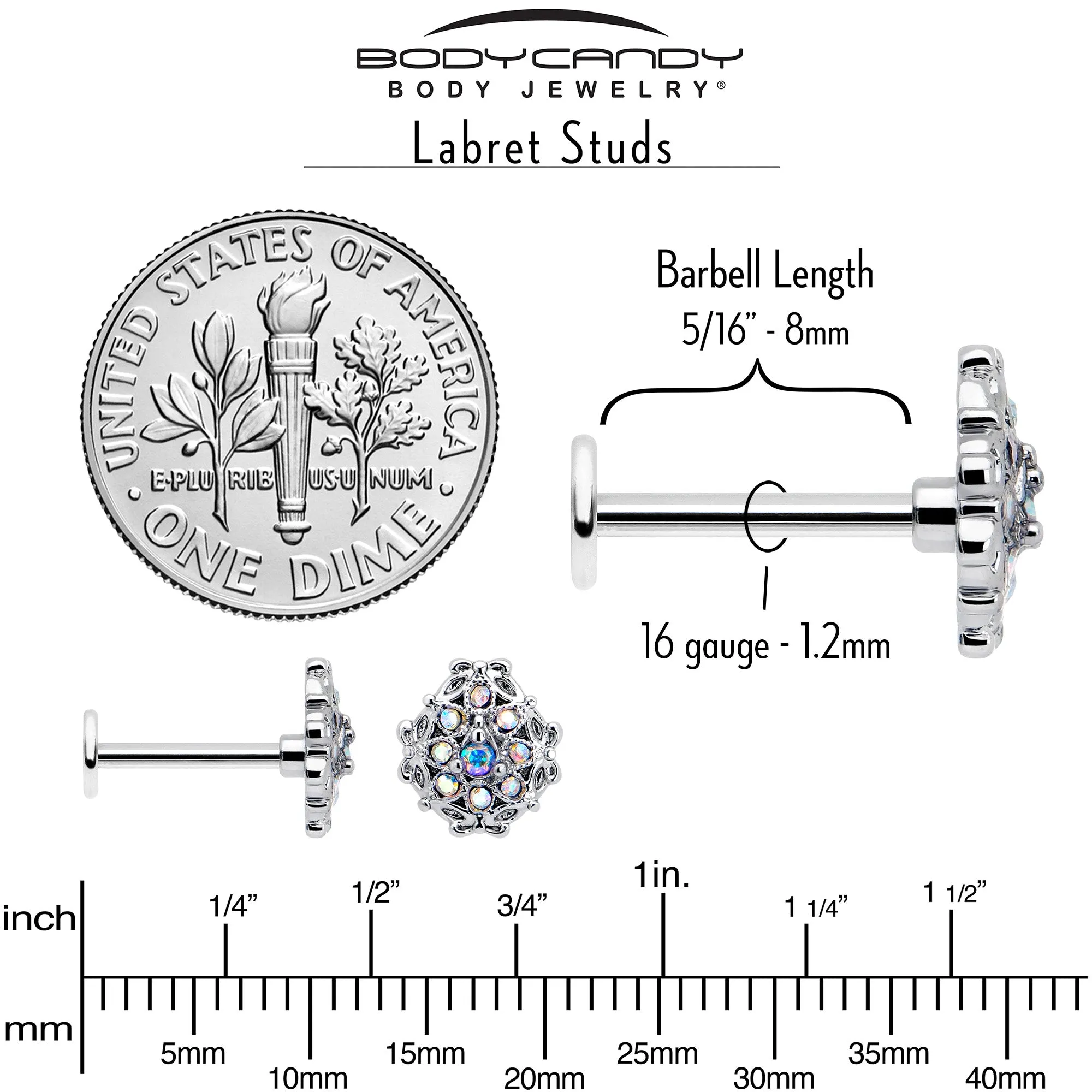 16 Gauge 5/16 Aurora Gem Retro Sunburst Labret Monroe Tragus