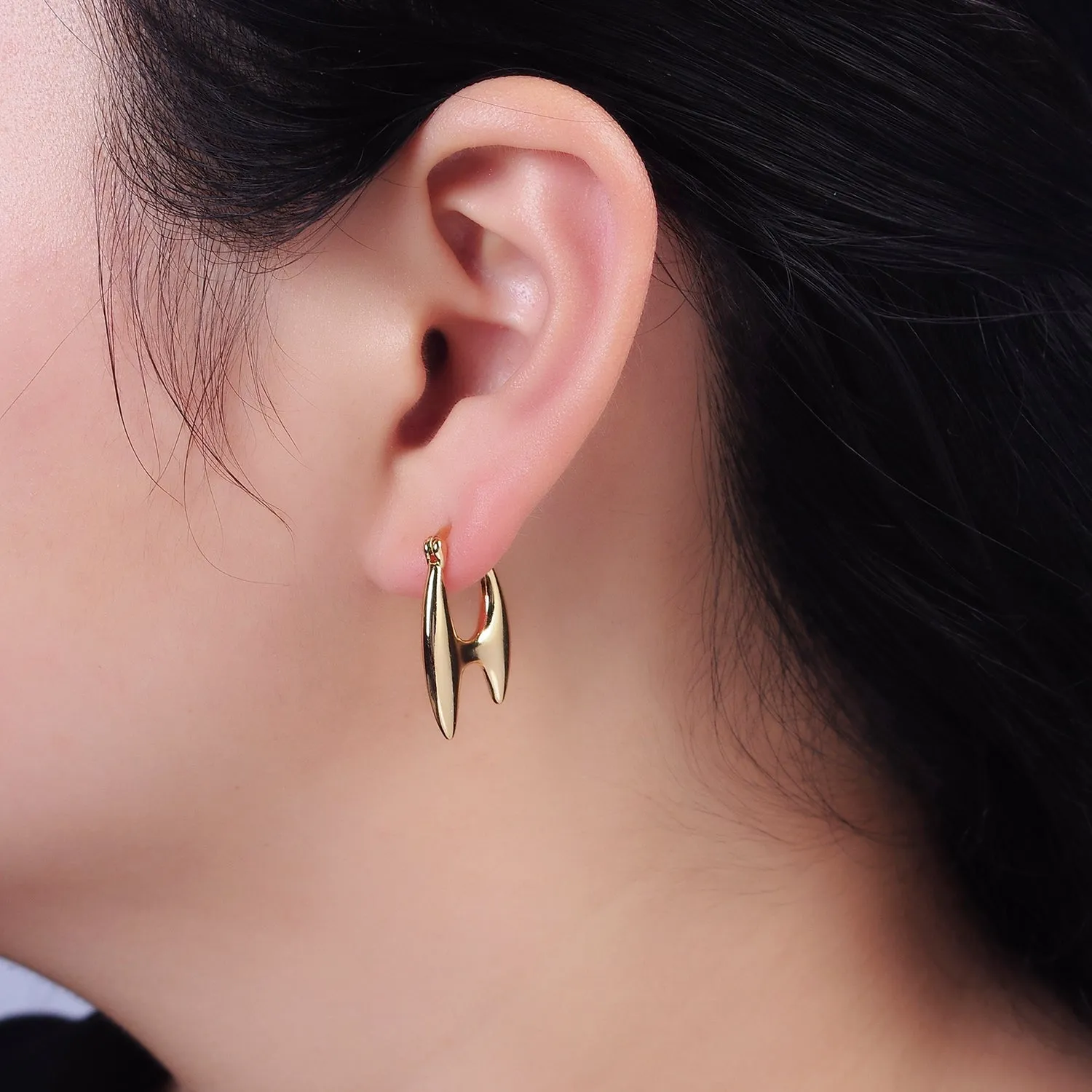 16K Gold Filled Double Spiked H-Shaped French Lock Latch Hoop Earrings | AB087