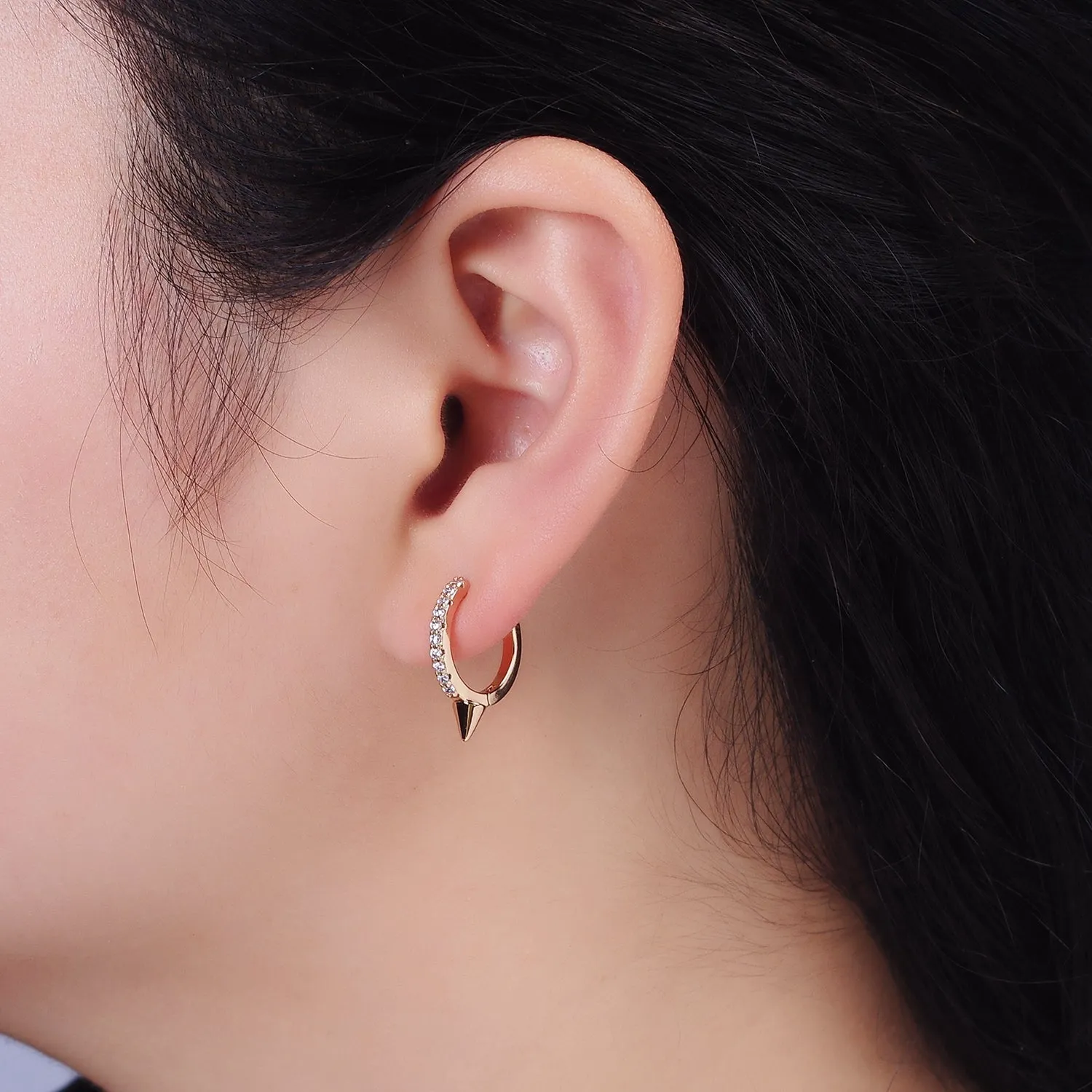 16K Gold Filled Micro Paved CZ Spiked 16mm Huggie Earrings | AE815