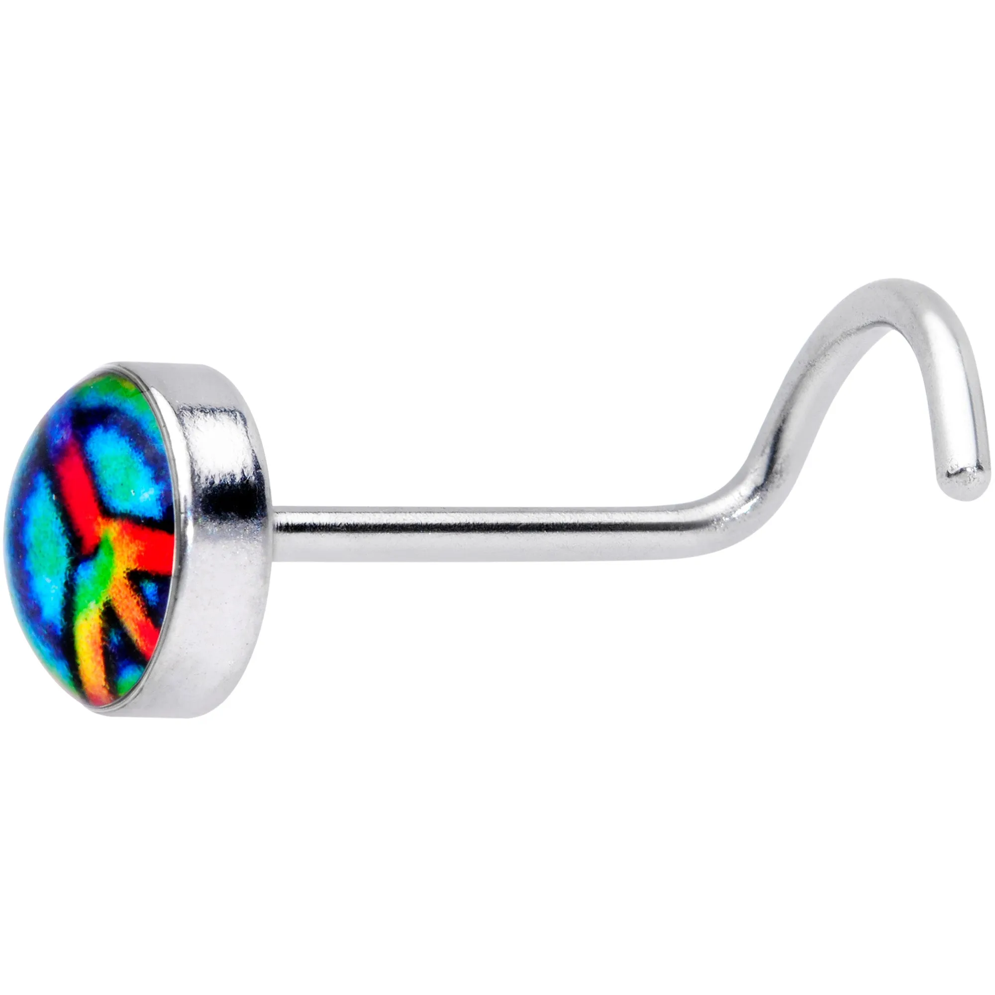 18 Gauge 1/4 Rainbow Tie Dye Peace Sign Left Nose Screw