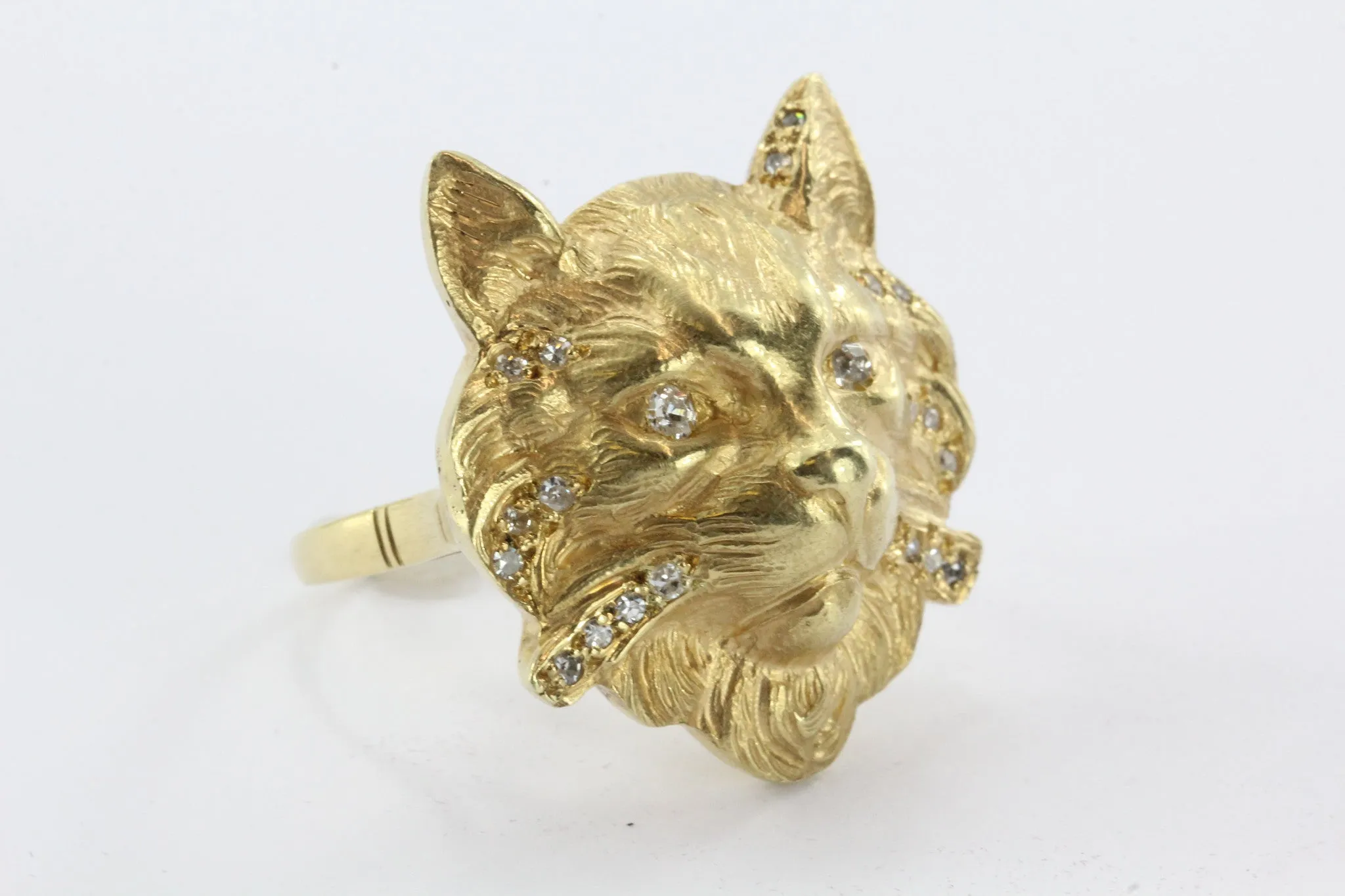 18K Gold & Diamond Large Chunky Cat Face Ring