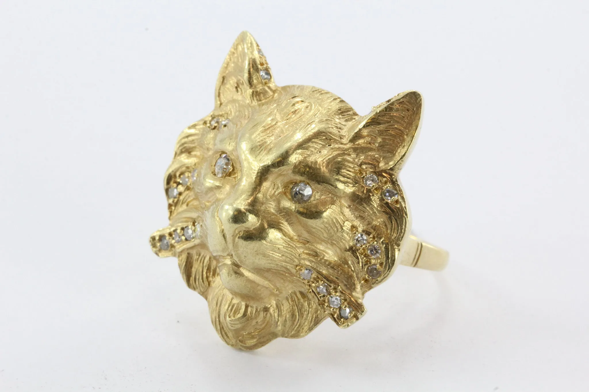 18K Gold & Diamond Large Chunky Cat Face Ring