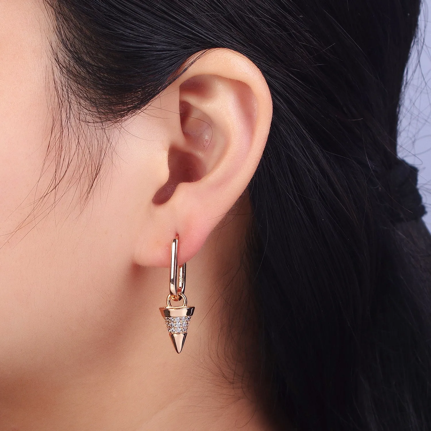 18K Gold Filled Micro Paved CZ Spiked Drop Dangle Oblong Huggie Earrings | AB158