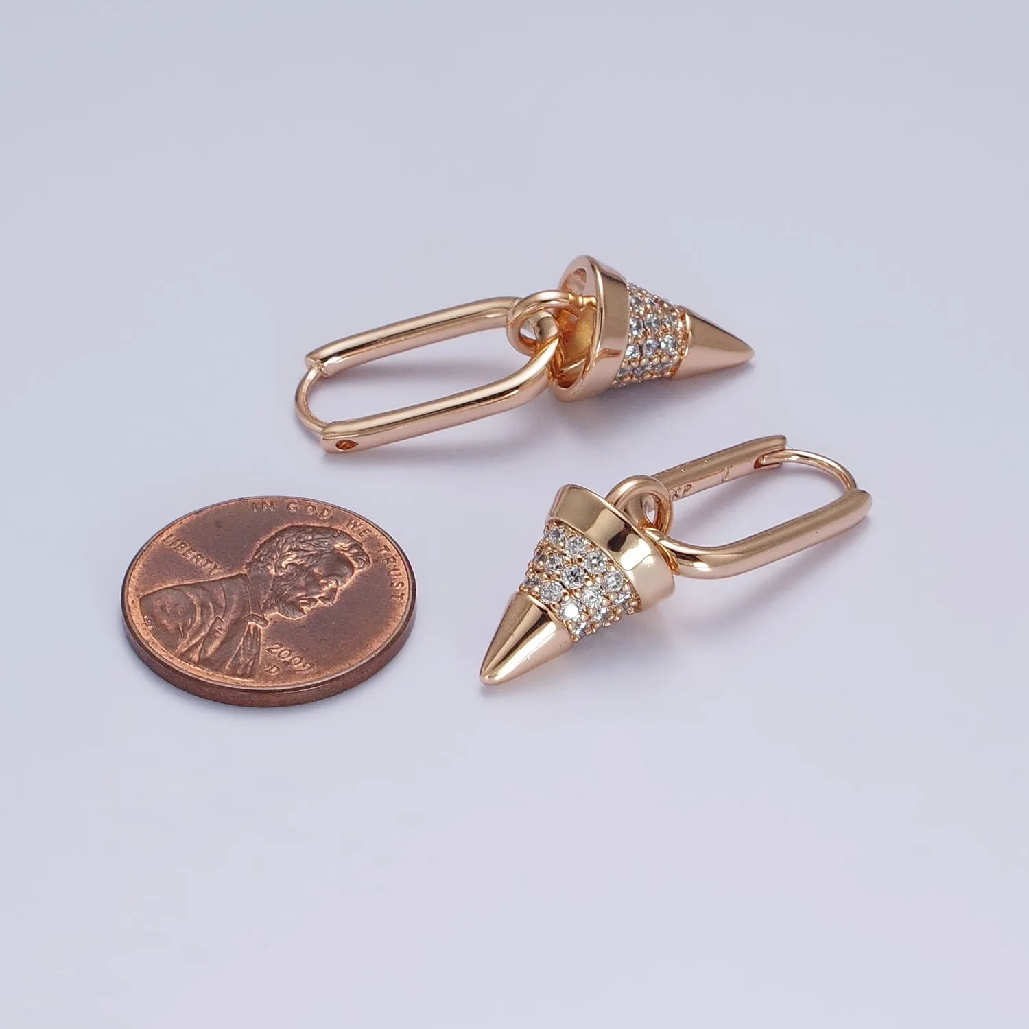 18K Gold Filled Micro Paved CZ Spiked Drop Dangle Oblong Huggie Earrings | AB158