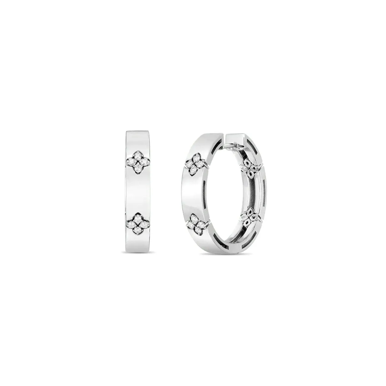 18K WHITE GOLD LOVE IN VERONA 20MM HOOP EARRING DIAMOND FLOWER
