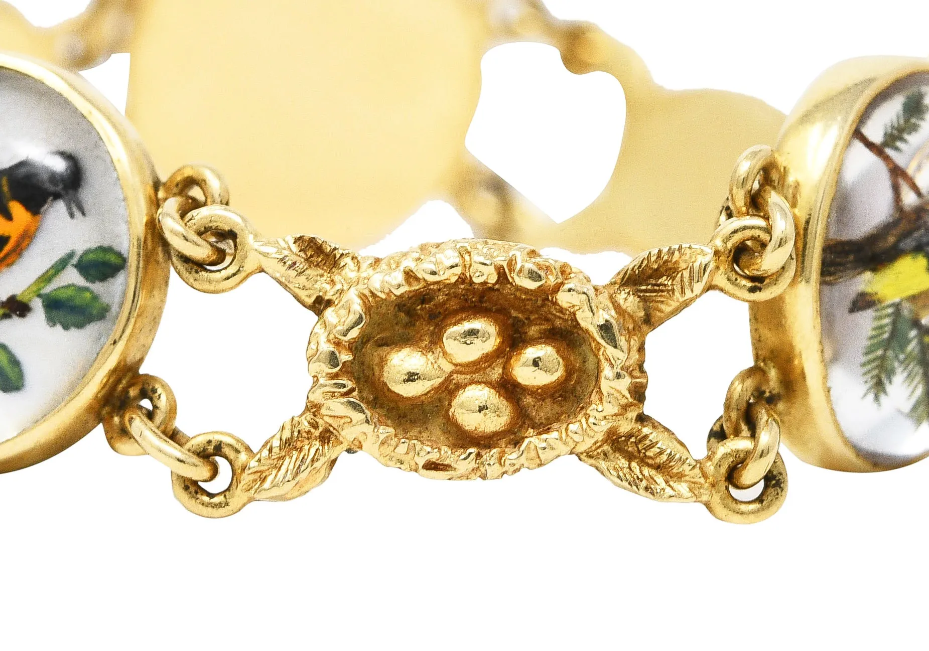 1940’s Essex Crystal Quartz 14 Karat Yellow Gold Bird Themed Antique Link Bracelet