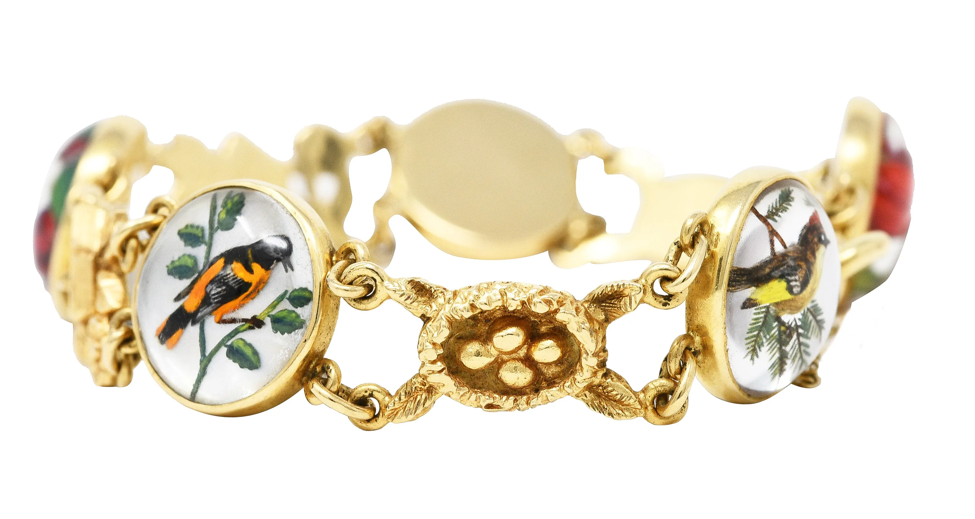 1940’s Essex Crystal Quartz 14 Karat Yellow Gold Bird Themed Antique Link Bracelet