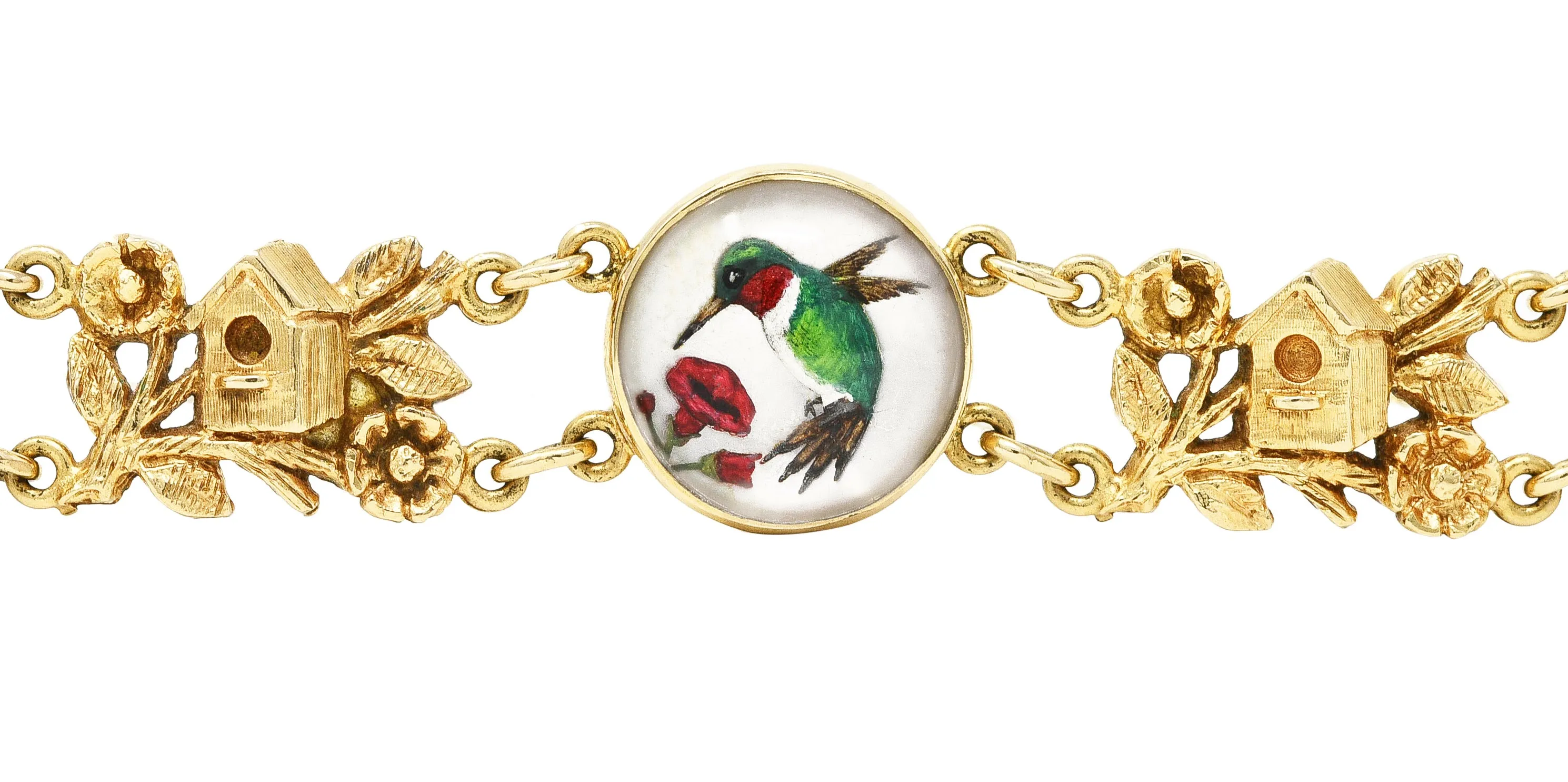 1940’s Essex Crystal Quartz 14 Karat Yellow Gold Bird Themed Antique Link Bracelet