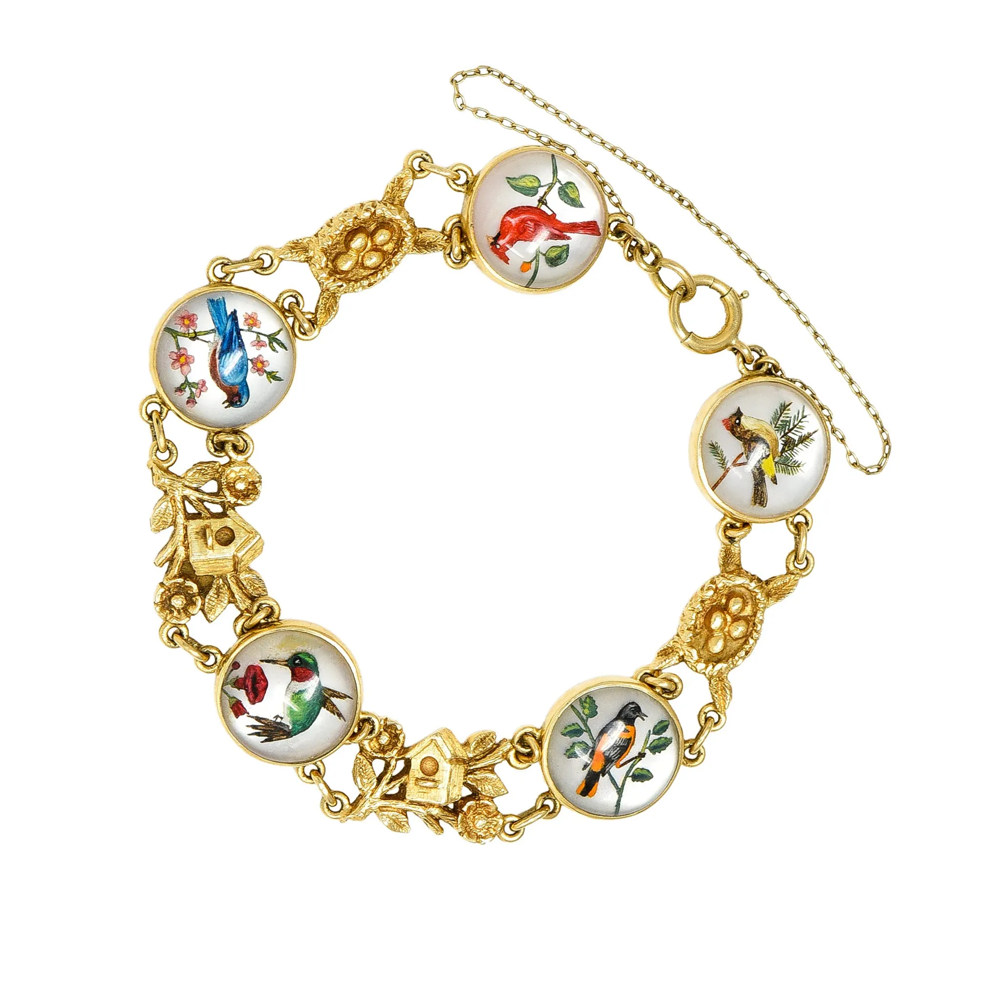 1940’s Essex Crystal Quartz 14 Karat Yellow Gold Bird Themed Antique Link Bracelet